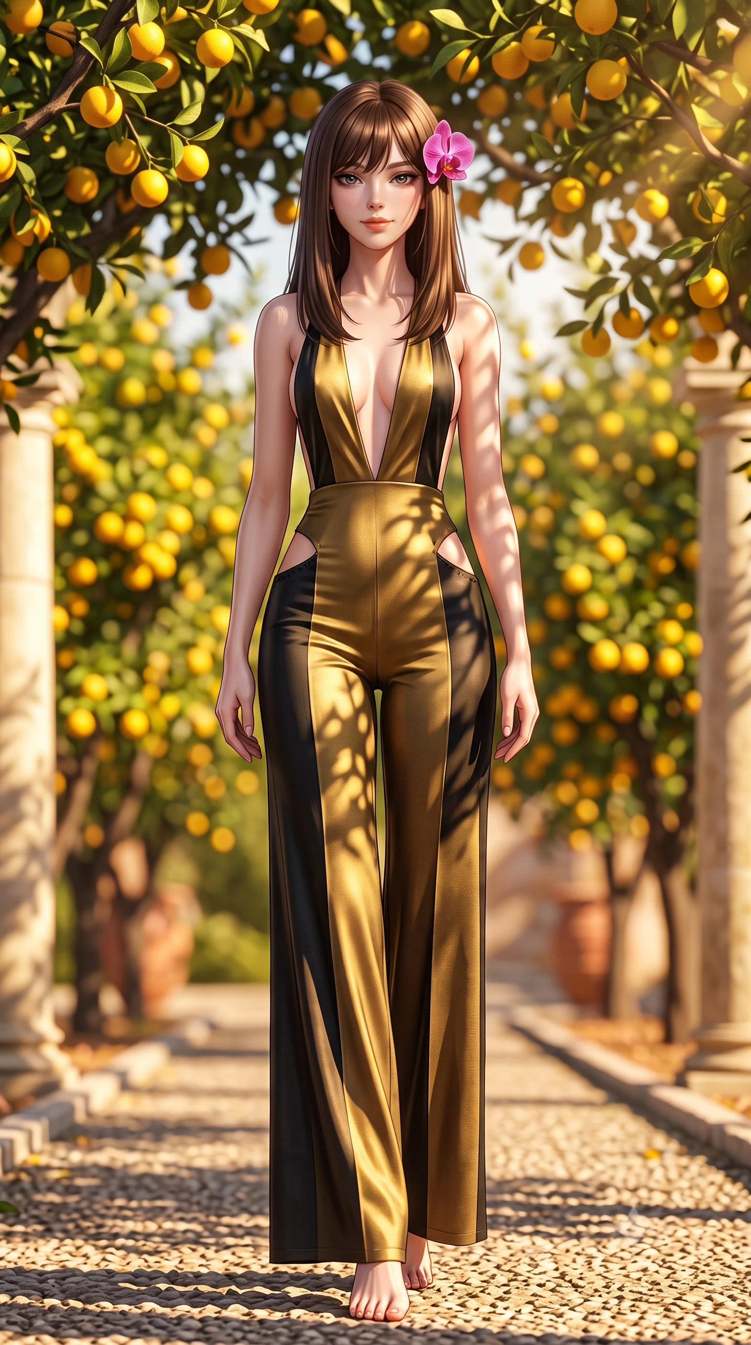 score_9, masterpiece, best quality, ultra-detailed, high-budget anime keyframe, semi-realistic 3D game render, editorial fashion photography, tasteful artistic composition, Korean woman. low angle full-body shot from head to toe showing her feet, filling the entire 9:16 vertical frame with her statuesque presence, stretching her vertical silhouette. stepping slowly toward the camera with hypnotic grace, hips swaying in an alluring sensual rhythm that accentuates her curvy hourglass silhouette and long slender legs while twisting her slender torso in an alluring contrapposto stance, golden sunlight filtering through citrus branches onto her flat midriff and hips. The background shows a soft-focus rows of blooming citrus trees with golden fruit, classical limestone pillars, and gravel paths blurred into lemon yellow, terracotta, and olive bokeh. She has an absolutely perfect, statuesque 8.5-heads proportion, an exceptionally tall and slender model-like female figure with impossibly long slender legs, an ultra-slim waist, a flat toned midriff, narrow delicate ribcage, and beautifully sculpted feminine hips creating a graceful, slim hourglass silhouette without any bulky heaviness. sharp v-shaped jawline, high-bridge nose, sparkling eyes with hypnotic seductive depth, thick curled eyelashes, glossy parted lips with a natural dewy peach sheen, alluring bedroom-eyes with an enchanting coquettish smile, exuding magnetic siren charisma and sophisticated glamour, flawlessly proportioned anatomical accuracy, strict slender model proportions, natural body alignment, perfectly sculpted long slender limbs, ultra-slim waistline, clean dynamic posture without body distortion. wearing a backless plunge-front second-skin satin jumpsuit with fluid wide legs and laser-cut hip openings in dual-tone high-contrast gold-and-black monochrome, tailored from fine breathable linen with soft natural texture and elegant drape, accented with a fresh-bloomed exotic magenta orchid tucked gracefully into her dark glossy hair, the precision-cut side openings and low-back scoop framing her graceful spine and the sensual sweep of her slim, toned hips. bathed in warm golden late afternoon sunlight flooding through southern-facing glass doors. highly saturated vibrant anime colors, detailed shading with soft gradients, rich glossy textures, high-contrast stereoscopic depth, volumetric dynamic lighting, master piece, 9:16 ratio