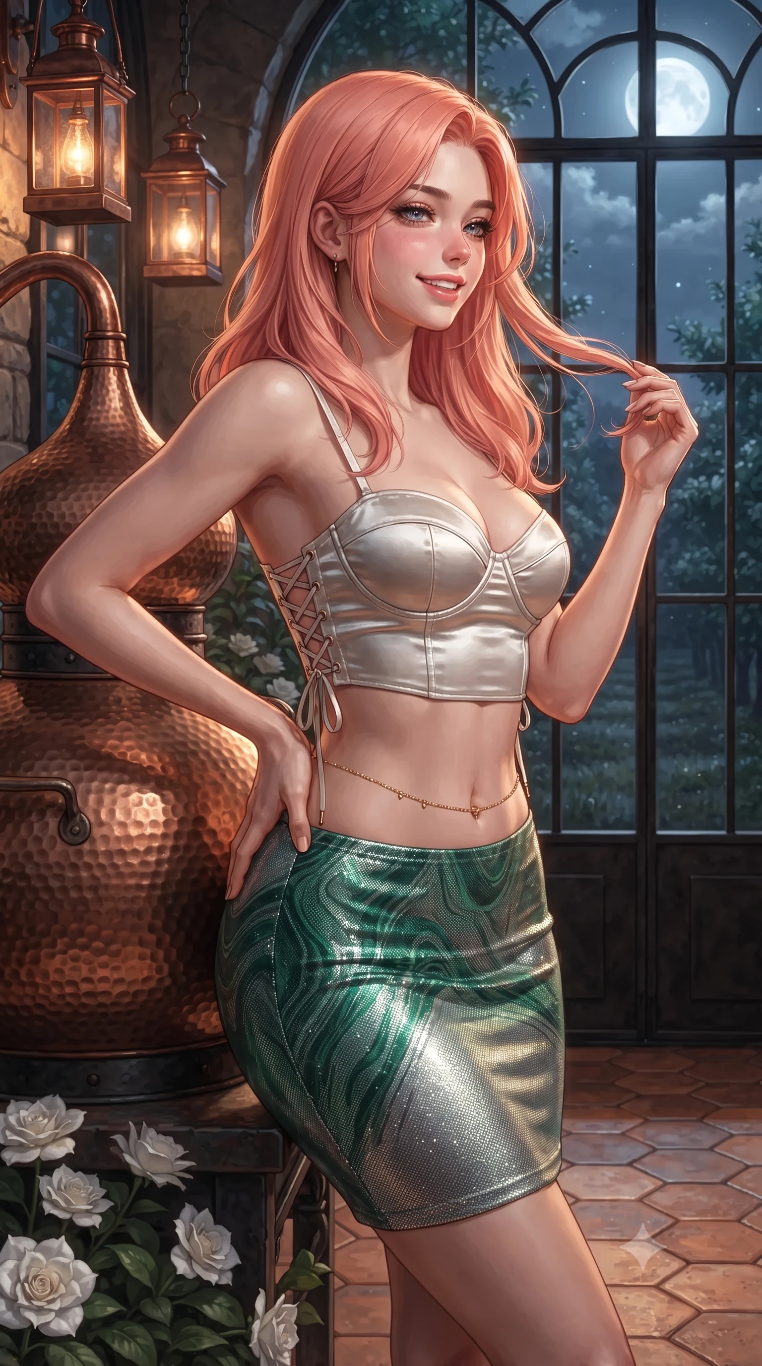 score_9, masterpiece, best quality, ultra-detailed, high-budget anime keyframe, editorial fashion photography, tasteful artistic composition, Japanese woman. close-up cowboy shot from the waist and thighs up, the character dominates the composition, filling the frame with her large presence. twisting her slender torso in an alluring contrapposto stance, one hand resting on her sculpted hip while her fingers toy with her hair with effortless poise while leaning against the antique hammered copper cider alembic with hips cocked back, looking into moonlit orchard rows with heavy-lidded bedroom-eyes. The surrounding environment is rendered in vivid detail and crisp panoramic clarity: sharp hand-forged iron orangery window frames, antique terracotta hexagonal pavers, and velvety white flower petals in deep focus. She has an exceptionally elegant, slender, and willowy female figure with an ultra-slim waist, flat toned midriff, narrow ribcage, and sculpted feminine hips creating an alluring, slim hourglass silhouette without bulk. sharp v-shaped jawline, high-bridge nose, intricate jewel-like sparkling eyes with depth, thick eyelashes, glossy parted lips with a natural peach sheen, bright cheerful beaming smile with an enchanting and coquettish sensual glint, exuding both youthful cute charm and seductive allure, flawlessly proportioned anatomical accuracy, strict slender model proportions, natural body alignment, perfectly sculpted long slender limbs, ultra-slim waistline, clean dynamic posture without body distortion. wearing a sculpted satin underwire crop bustier with lace-up side ties paired with a micro skirt in Art Nouveau malachite green and antique starlight silver, crafted from stretch micro-mesh with liquid foil coating that shimmers with every movement, accented with a dainty gold belly chain resting across her flat midriff and curving hips, the glove-like clinging cut tightly following the natural contour of her hips and long slender legs with youthful 8.5-heads elegance. bathed in the warm 2500K glow of hanging copper lantern sconces combined with silver moonlight through glass. ultra-reflective glossy finish, specular highlights, rich textural contrasts, high-contrast stereoscopic depth, volumetric dynamic lighting, 2k, ultra detail, master piece, 9:16 ratio