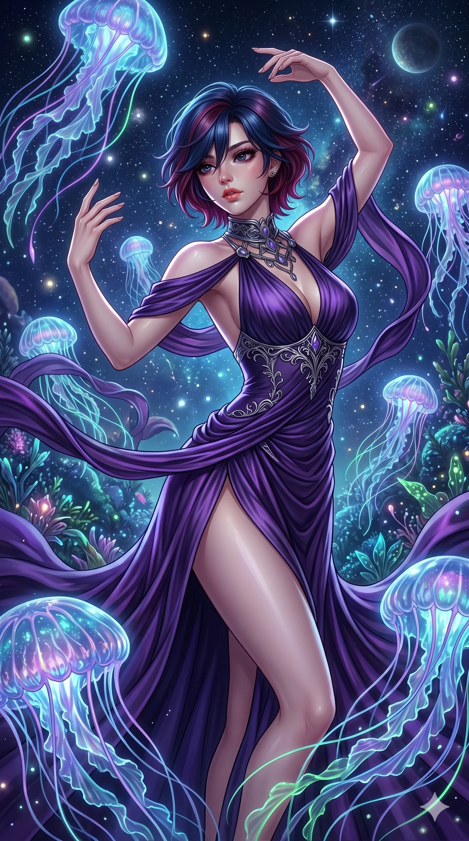 score_9, masterpiece, best quality, ultra-detailed, high-budget anime keyframe, Korean woman. upper body close-up from the thighs up, character filling the screen for maximum presence. swirling gracefully among the glowing ribbon-like tentacles of giant bioluminescent jellyfish floating in a starry sky garden. She has an absolutely perfect 8-heads proportion, an exceptionally tall and slender female figure with impossibly long slender legs and an ultra-slim waist. V-shaped jawline, high-bridge nose, intricate jewel-like eyes with depth, thick eyelashes, glossy lips with a natural sheen.. wearing a gothic liquid silk gown, featuring a deep purple liquid silk maxi gown draped around her, secured by a metallic choker collar, with a high side slit. lit by a soft glowing ambient light and a sharp side key light that traces the sleek contours of her athletic build. 2k, ultra detail, master piece, 9:16 ratio