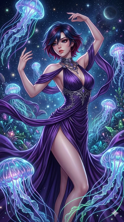 score_9, masterpiece, best quality, ultra-detailed, high-budget anime keyframe, Korean woman. upper body close-up from the thighs up, character filling the screen for maximum presence. swirling gracefully among the glowing ribbon-like tentacles of gi
