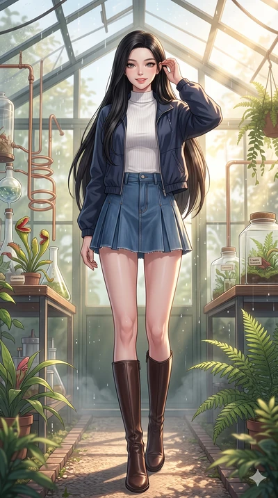 score_9, masterpiece, best quality, ultra-detailed, high-budget anime keyframe, vibrant anime aesthetic, Korean woman. low angle full-body shot from head to toe showing her feet, filling the entire 9:16 vertical frame with her statuesque presence, st