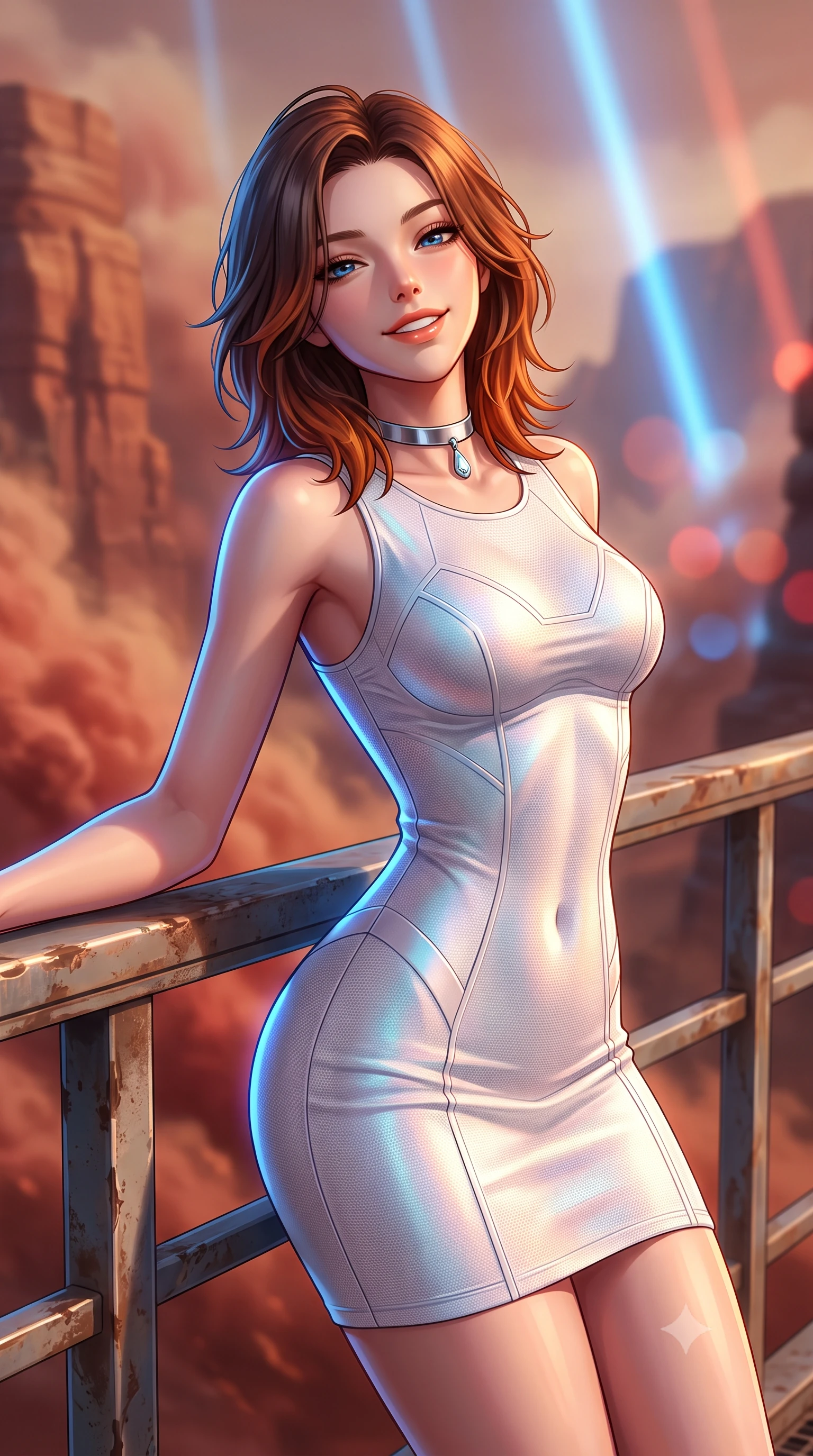 score_9, masterpiece, best quality, ultra-detailed, high-budget anime keyframe, semi-realistic 3D game render, editorial fashion photography, tasteful artistic composition, Korean woman. close-up cowboy shot from the waist and thighs up, the character dominates the composition, filling the frame with her large presence. leaning back against the balustrade with relaxed seductive grace, head tilted back slightly while casting a hypnotic, heavy-lidded gaze while twisting her slender torso in an alluring contrapposto stance, terracotta sunset light and blue laser beams tracing her narrow waist and curvy hips. The background shows a soft-focus swirling red and ochre Martian dust clouds, towering canyon cliff strata, and giant blue atmospheric laser beams blurred into terracotta, crimson, and cobalt bokeh. She has an exceptionally elegant, slender, and willowy female figure with an ultra-slim waist, flat toned midriff, narrow ribcage, and sculpted feminine hips creating an alluring, slim hourglass silhouette without bulk. sharp v-shaped jawline, high-bridge nose, intricate jewel-like sparkling eyes with depth, thick eyelashes, glossy parted lips with a natural peach sheen, bright cheerful beaming smile with an enchanting and coquettish sensual glint, exuding both youthful cute charm and seductive allure, flawlessly proportioned anatomical accuracy, strict slender model proportions, natural body alignment, perfectly sculpted long slender limbs, ultra-slim waistline, clean dynamic posture without body distortion. wearing a dense bandage-knit tactical officer dress with subtle geometric chest accents contouring her delicate ribcage and feminine hips in holographic prismatic pearl and aerospace white, tailored from high-density tech-wool with subtle metallic thread weave, finished with a minimalist chrome choker and a single teardrop diamond pendant, the glove-like clinging cut tightly following the natural contour of her hips and long slender legs with youthful 8.5-heads elegance. illuminated by red sand reflection bounce and sharp cobalt-blue laser rim lights sculpting her jawline, narrow waist, and curvy hips. highly saturated vibrant anime colors, detailed shading with soft gradients, rich glossy textures, high-contrast stereoscopic depth, volumetric dynamic lighting, master piece, 9:16 ratio