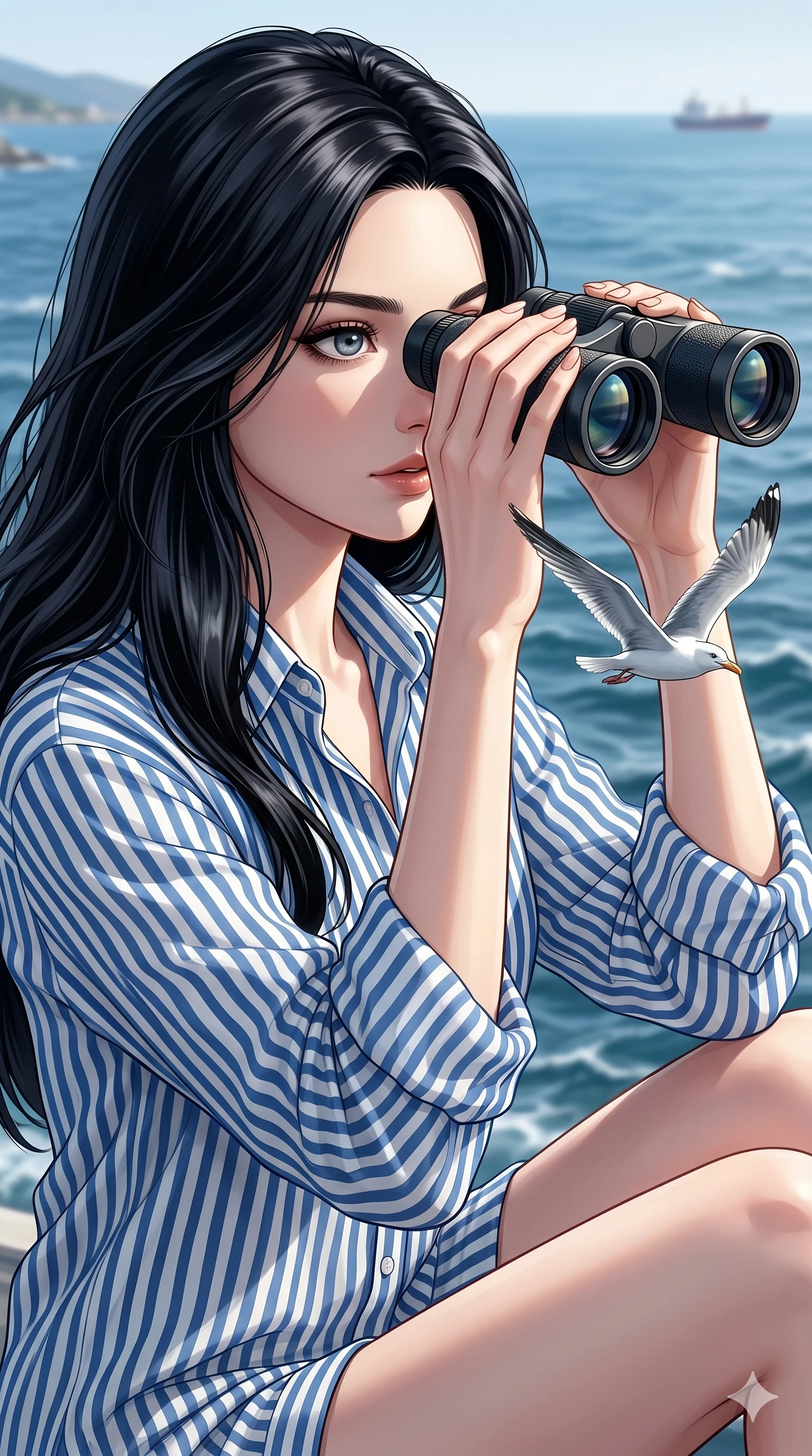 score_9, score_8_up, score_7_up, source_anime, masterpiece, best quality, ultra-detailed, same character with long flowing black hair, wearing a blue striped button-down shirt, upper body close-up from thigh up filling the screen, looking through binoculars with a curious expression, ocean background with seagull, bright daylight, 2k, 9:16 ratio