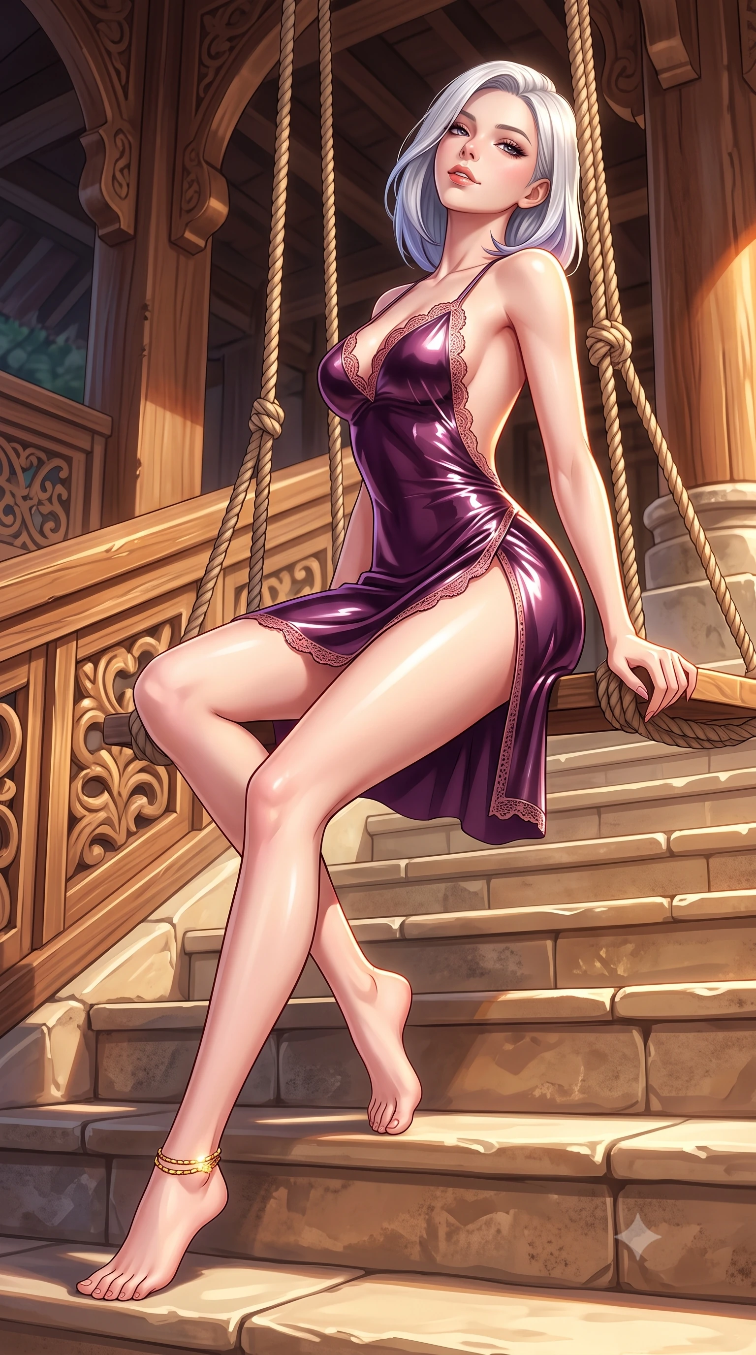 score_9, masterpiece, best quality, ultra-detailed, high-budget anime keyframe, semi-realistic 3D game render, editorial fashion photography, tasteful artistic composition, Caucasian woman. low angle full-body shot from head to toe showing her feet, filling the entire 9:16 vertical frame with her statuesque presence, stretching her vertical silhouette. sitting poised on the stone steps with one knee bent, arching her spine with supermodel elegance as she glances upward through thick eyelashes while leaning against the thick woven suspension ropes with hips cocked back, looking into the camera with an intoxicating, smoldering bedroom-smile. The surrounding environment is rendered in vivid detail and crisp panoramic clarity: detailed backless plunge-front silk satin jumpsuit tailoring, gold ankle chain gleam, and eco-luxury architectural craft in razor-sharp precision. She has an absolutely perfect, statuesque 8.5-heads proportion, an exceptionally tall and slender model-like female figure with impossibly long slender legs, an ultra-slim waist, a flat toned midriff, narrow delicate ribcage, and beautifully sculpted feminine hips creating a graceful, slim hourglass silhouette without any bulky heaviness. sharp v-shaped jawline, high-bridge nose, sparkling eyes with hypnotic seductive depth, thick curled eyelashes, glossy parted lips with a natural dewy peach sheen, alluring bedroom-eyes with an enchanting coquettish smile, exuding magnetic siren charisma and sophisticated glamour, flawlessly proportioned anatomical accuracy, strict slender model proportions, natural body alignment, perfectly sculpted long slender limbs, ultra-slim waistline, clean dynamic posture without body distortion. wearing a slinky crochet-lace knit resort mini dress with deep open-back scoop revealing her toned spine in deep plum violet and rose gold, crafted from wet-look high-gloss vinyl fabric with dazzling specular surface reflections, finished with scalloped eyelash lace trim framing her sweetheart neckline with intimate elegance, the high-slit wrap tailoring accentuating her ultra-slim waistline and the enchanting curve of her feminine hips with alluring seductive charm. illuminated by polished teak reflection bounce and sharp flame-gold rim lights defining her razor-sharp jawline, narrow waist, and curvy hips. highly saturated vibrant anime colors, detailed shading with soft gradients, rich glossy textures, high-contrast stereoscopic depth, volumetric dynamic lighting, master piece, 9:16 ratio