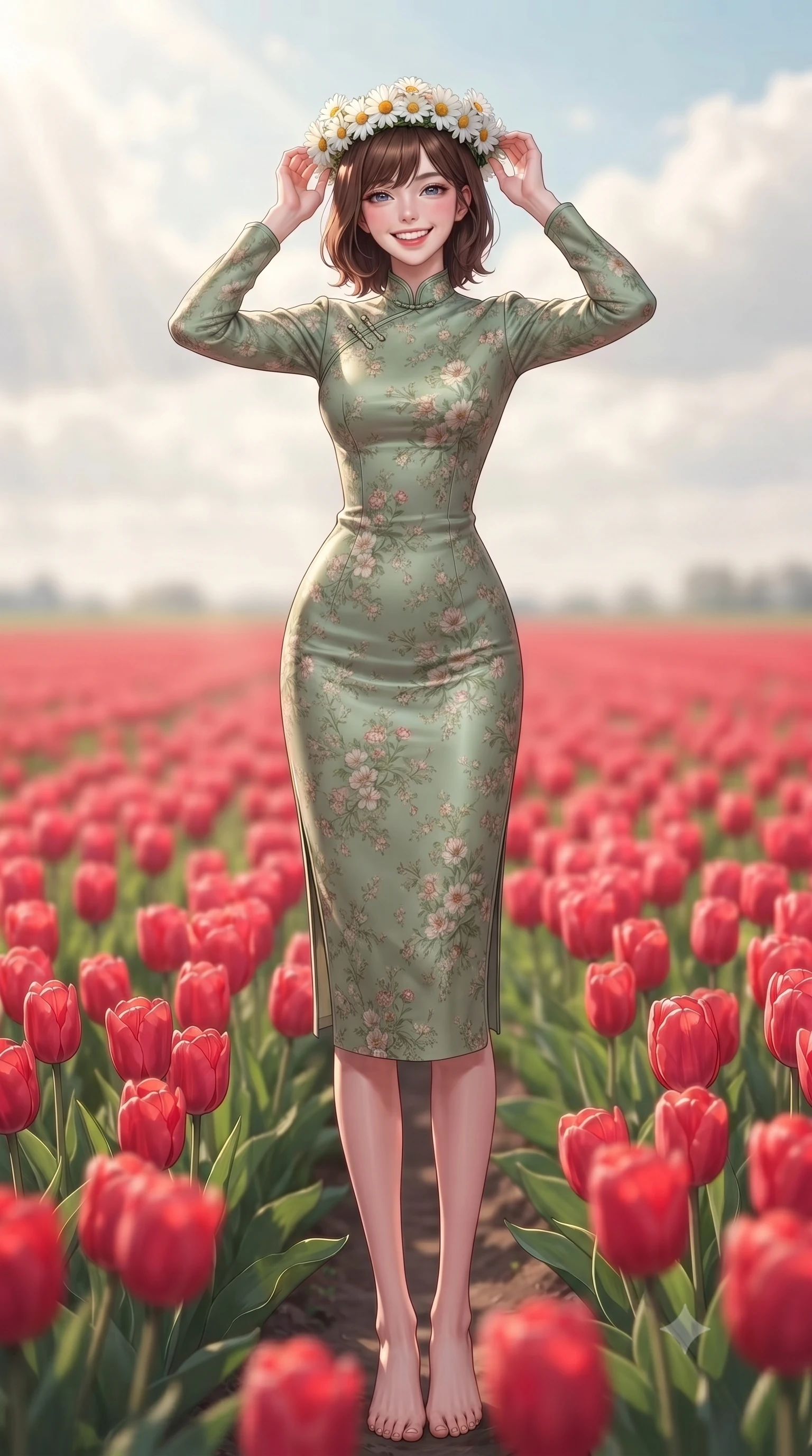 score_9, masterpiece, best quality, ultra-detailed, high-budget anime keyframe, editorial fashion photography, tasteful artistic composition, Korean woman. low angle full-body shot from head to toe showing her feet, filling the entire 9:16 vertical frame with her statuesque presence, stretching her vertical silhouette. standing with a cute, bright pose, tilting her head with a beaming smile set against a soft-focus background of in a bright field of red tulips stretching to the horizon holding a delicate crown of daisies on her head, smiling cutely. She has an absolutely perfect, statuesque 8.5-heads proportion, an exceptionally tall and slender model-like female figure with impossibly long slender legs and an ultra-slim waist. sharp v-shaped jawline, high-bridge nose, intricate jewel-like eyes with depth, thick eyelashes, glossy lips with a natural sheen. wearing slim-fit lovely floral print midi dress in sage green, featuring a high collar and long sleeves. soft afternoon sunbeams filtering through light clouds, casting gentle shadows. highly saturated vibrant anime colors, detailed shading with soft gradients, rich glossy textures, high-contrast stereoscopic depth, volumetric dynamic lighting, master piece, 9:16 ratio