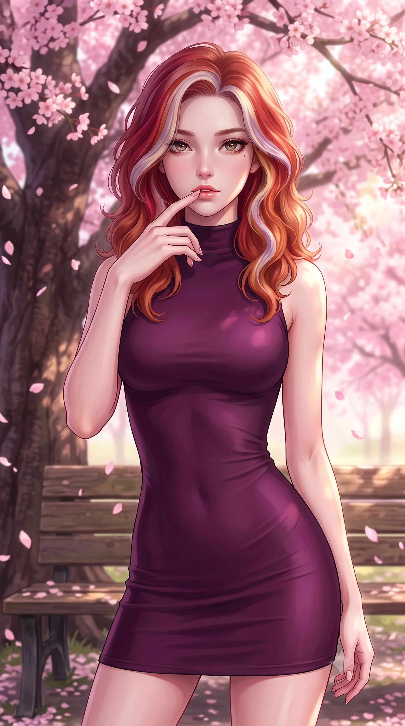 score_9, masterpiece, best quality, ultra-detailed, high-budget anime keyframe, editorial fashion photography, tasteful artistic composition, Caucasian woman woman. close-up cowboy shot from the waist and thighs up, the character dominates the composition, filling the frame with her large presence, background elements kept in soft focus. pressing one finger to her bottom lip in a thoughtful, seductive gesture under the warm sun the background shows a soft-focus a weathered wooden bench under a large ancient cherry tree with falling pink petals. She has an exceptionally elegant, slender, and willowy female figure with an ultra-slim waist, a gracefully sculpted slender torso, and a refined silhouette. sharp v-shaped jawline, high-bridge nose, intricate jewel-like eyes with depth, thick eyelashes, glossy lips with a natural sheen. wearing a form-contouring body-hugging mock-neck dress in deep plum purple, contouring her slender torso. soft pink diffused light under the cherry blossom canopy. 2k, ultra detail, master piece, 9:16 ratio