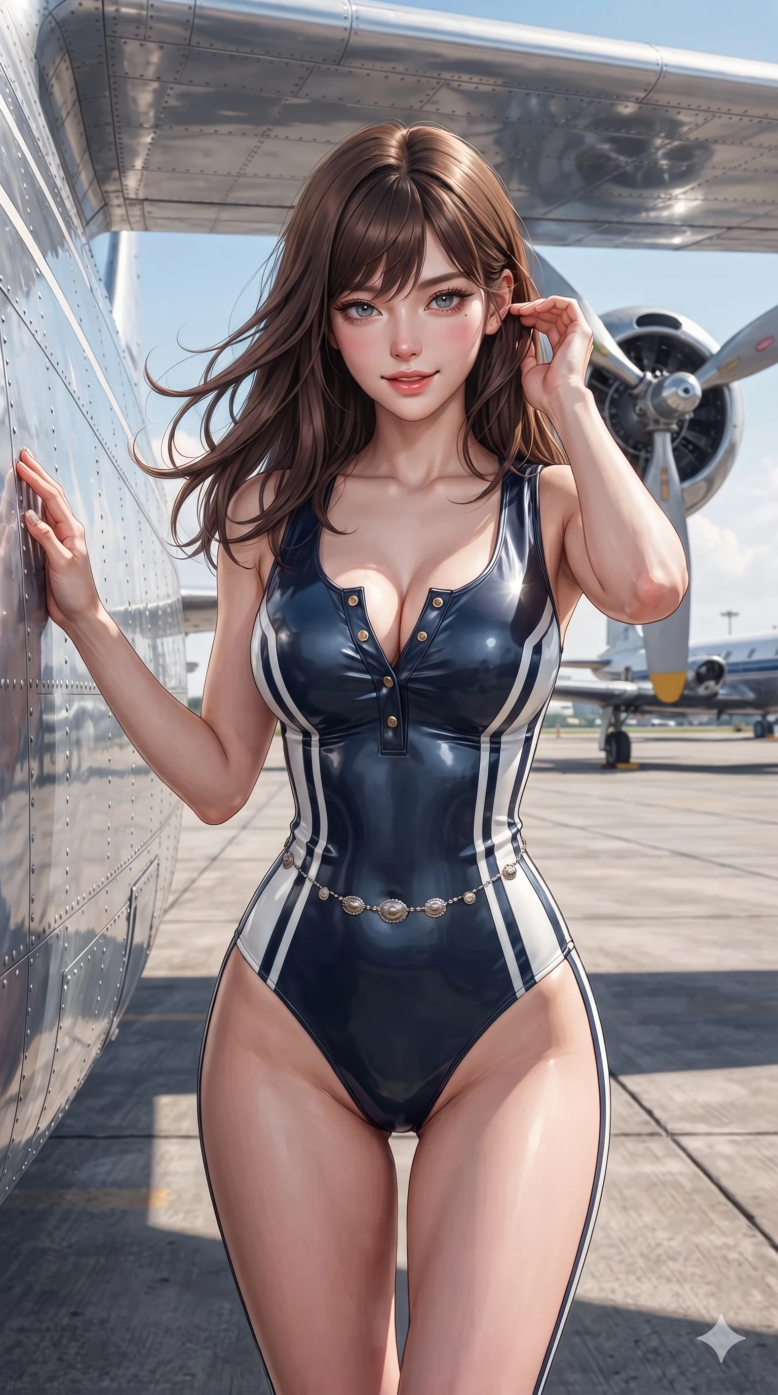 score_9, masterpiece, best quality, ultra-detailed, high-budget anime keyframe, editorial fashion photography, tasteful artistic composition, Korean woman. close-up cowboy shot from the waist and thighs up, the character dominates the composition, filling the frame with her large presence. gently brushing a lock of windblown hair behind her ear while casting a playful, flirtatious side-gaze with long eyelashes while standing tall beneath the towering silver wing of a vintage propeller airliner, one hand resting on the aluminum fuselage while arching her lower back to emphasize her hips. The surrounding environment is rendered in vivid detail and crisp panoramic clarity: detailed form-contouring wet-look neoprene bodysuit, racing side stripes, and monumental aviation relics in razor-sharp precision. She has an exceptionally elegant, slender, and willowy female figure with an ultra-slim waist, flat toned midriff, narrow ribcage, and sculpted feminine hips creating an alluring, slim hourglass silhouette without bulk. sharp v-shaped jawline, high-bridge nose, sparkling eyes with hypnotic seductive depth, thick curled eyelashes, glossy parted lips with a natural dewy peach sheen, alluring bedroom-eyes with an enchanting coquettish smile, exuding magnetic siren charisma and sophisticated glamour, flawlessly proportioned anatomical accuracy, strict slender model proportions, natural body alignment, perfectly sculpted long slender limbs, ultra-slim waistline, clean dynamic posture without body distortion. wearing a body-hugging ribbed stretch cotton henley tank bodysuit with deep scoop neck and snap closures in high-contrast coastal monochrome with gold hardware, crafted from wet-look high-gloss vinyl fabric with dazzling specular surface reflections, accented with a silver concho belly chain resting across her flat midriff and curving hips, the glove-like clinging cut tightly following the natural contour of her hips and long slender legs with youthful 8.5-heads elegance. illuminated by aluminum wing ground bounce and sharp silver-amber rim lights sculpting her razor-sharp jawline, narrow waist, and curvy hips. ultra-reflective glossy finish, specular highlights, rich textural contrasts, high-contrast stereoscopic depth, volumetric dynamic lighting, 2k, ultra detail, master piece, 9:16 ratio