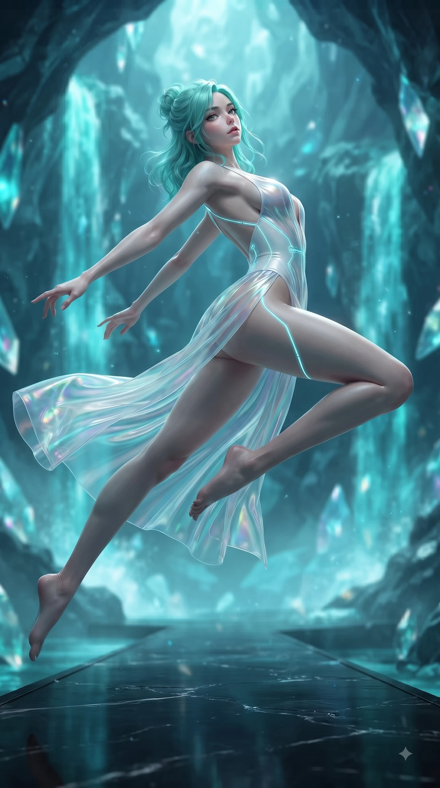 score_9, masterpiece, best quality, ultra-detailed, high-budget anime keyframe, editorial fashion photography, tasteful artistic composition, Japanese woman. low angle full-body shot from head to toe showing her feet, filling the entire 9:16 vertical frame with her statuesque presence, stretching her vertical silhouette. leaping through mid-air with an athletic yet alluring arch of her spine, her impossibly long slender legs stretched in flawless poise while stepping along a black quartz pathway flanked by cascading bioluminescent turquoise waterfalls. The composition keeps background elements in soft focus with creamy bokeh. luminescent water mist and crystal refractions softened by creamy shallow focus. She has an absolutely perfect, statuesque 8.5-heads proportion, an exceptionally tall and slender model-like female figure with impossibly long slender legs and an ultra-slim waist. sharp v-shaped jawline, high-bridge nose, intricate jewel-like eyes with depth, thick eyelashes, glossy lips with a natural sheen, flawlessly proportioned anatomical accuracy, natural body alignment, perfectly sculpted elegant limbs, clean dynamic posture without body distortion. wearing a translucent iridescent chiffon gown with a plunging neckline, high dual thigh slits, and an open back in pure snow white latex and glowing cyan circuit seams, tailored from semi-translucent cybernetic vinyl with glowing micro-filaments, complemented by criss-cross back straps highlighting her completely bare spine, the daring cutouts accentuating her delicate midriff, graceful collarbones, and feminine contour. surrounded by a mysterious, pristine, and alluringly cool aquatic grotto atmosphere. ultra-reflective glossy finish, specular highlights, metallic sheen, high-contrast stereoscopic depth, volumetric dynamic lighting, 2k, ultra detail, master piece, 9:16 ratio