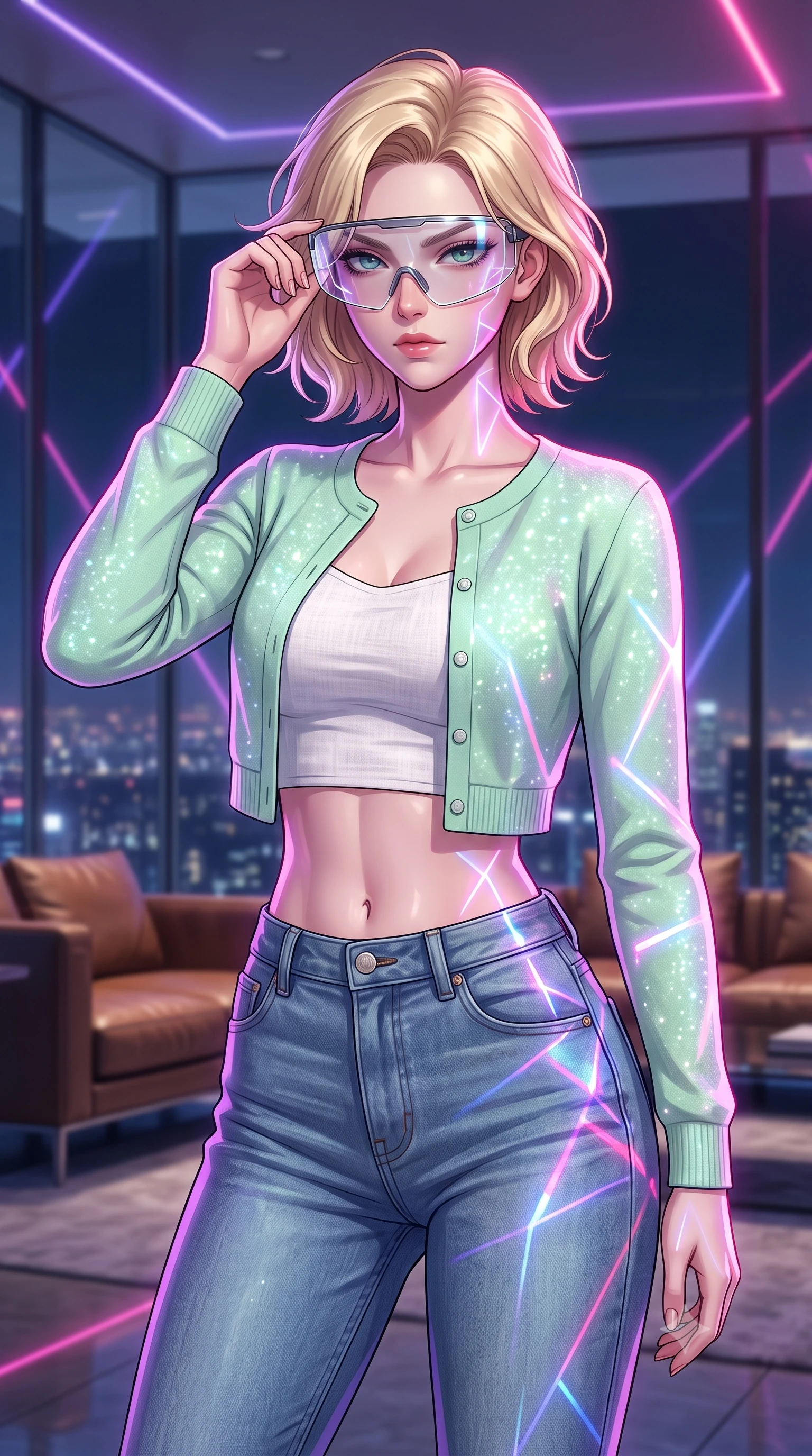 score_9, masterpiece, best quality, ultra-detailed, high-budget anime keyframe, editorial fashion photography, tasteful artistic composition, Caucasian woman, strictly human ears. close-up cowboy shot from the waist and thighs up, the character dominates the composition, filling the frame with her large presence, background elements kept in soft focus. Adjusting her tactical visor with one hand, eyes narrowed in sharp concentration at the target. set against a soft-focus background of a minimalist corporate penthouse with floor-to-ceiling glass walls, luxury leather furniture, and the night megacity skyline sprawling below. She has an exceptionally elegant and slender, willowy female figure with an ultra-slim waist, a gracefully sculpted slender torso, and a refined slim physique. sharp v-shaped jawline, high-bridge nose, intricate jewel-like eyes with depth, thick eyelashes, glossy lips with a natural sheen. wearing catching and diffusing the glowing particles, shimmering softly in response to the surrounding light, a tailored pastel mint green cropped cardigan over a white linen top, paired with high-waisted washed blue jeans. highly saturated vibrant anime colors, intense vivid color palette, soft 3D volumetric shading, volumetric dynamic lighting, laser lines of violet and hot pink reflecting off surfaces casting geometric neon highlights. 2k, ultra detail, master piece, 9:16 ratio