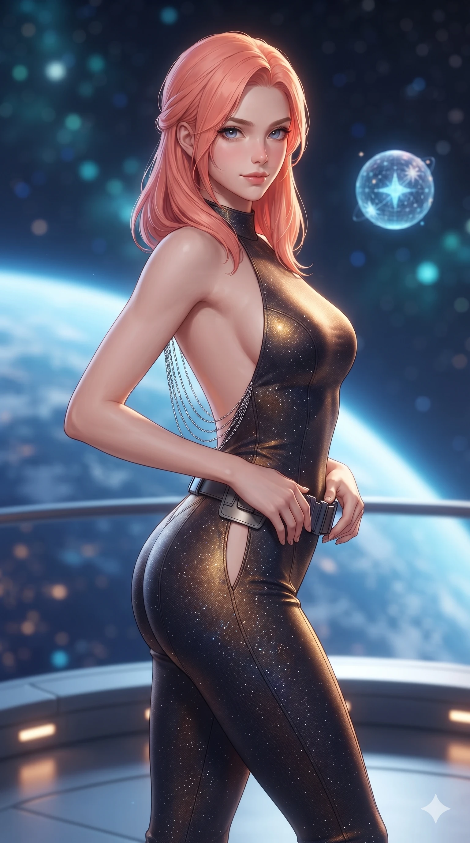 score_9, masterpiece, best quality, ultra-detailed, high-budget anime keyframe, editorial fashion photography, tasteful artistic composition, Japanese woman. close-up cowboy shot from the waist and thighs up, the character dominates the composition, filling the frame with her large presence. resting both hands lightly on her tactical utility belt, arching her spine to highlight her narrow waist, flat midriff, and breathtaking collarbones while standing poised on the semicircular orbital balcony cantilevered over open space, arching her spine with ethereal siren poise as the curved blue planetary horizon shines below. The background shows a soft-focus curved blue planetary limb with glowing atmospheric rim, floating holographic star-globe sphere, and distant starfields blurred into sapphire, turquoise, and diamond bokeh. She has an exceptionally elegant, slender, and willowy female figure with an ultra-slim waist, flat toned midriff, narrow ribcage, and sculpted feminine hips creating an alluring, slim hourglass silhouette without bulk. sharp v-shaped jawline, high-bridge nose, intricate jewel-like sparkling eyes with depth, thick eyelashes, glossy parted lips with a natural sheen, bright confident smile with an enchanting and coquettish sensual glint, exuding both youthful magnetic charm and sovereign high-tech allure, flawlessly proportioned anatomical accuracy, strict slender model proportions, natural body alignment, perfectly sculpted long slender limbs, ultra-slim waistline, clean dynamic posture without body distortion. wearing an alluring backless liquid titanium halterneck jumpsuit with deep scoop back down to her lower spine and hip ventilation slits in cosmic eclipse amber and starlight diamond, crafted from lightweight aerodynamic matte carbon-fiber weave with structural stiffness, accented with an open-back drape framed by falling strands of delicate chrome chains, the precision-cut side openings and low-back scoop framing her graceful spine and the sensual sweep of her slim, toned hips. bathed in the glorious, unpolluted sapphire and turquoise radiance of the illuminated planet below mixed with subtle warm balcony accent lights. ultra-reflective glossy finish, specular highlights, rich textural contrasts, high-contrast stereoscopic depth, volumetric dynamic lighting, 2k, ultra detail, master piece, 9:16 ratio