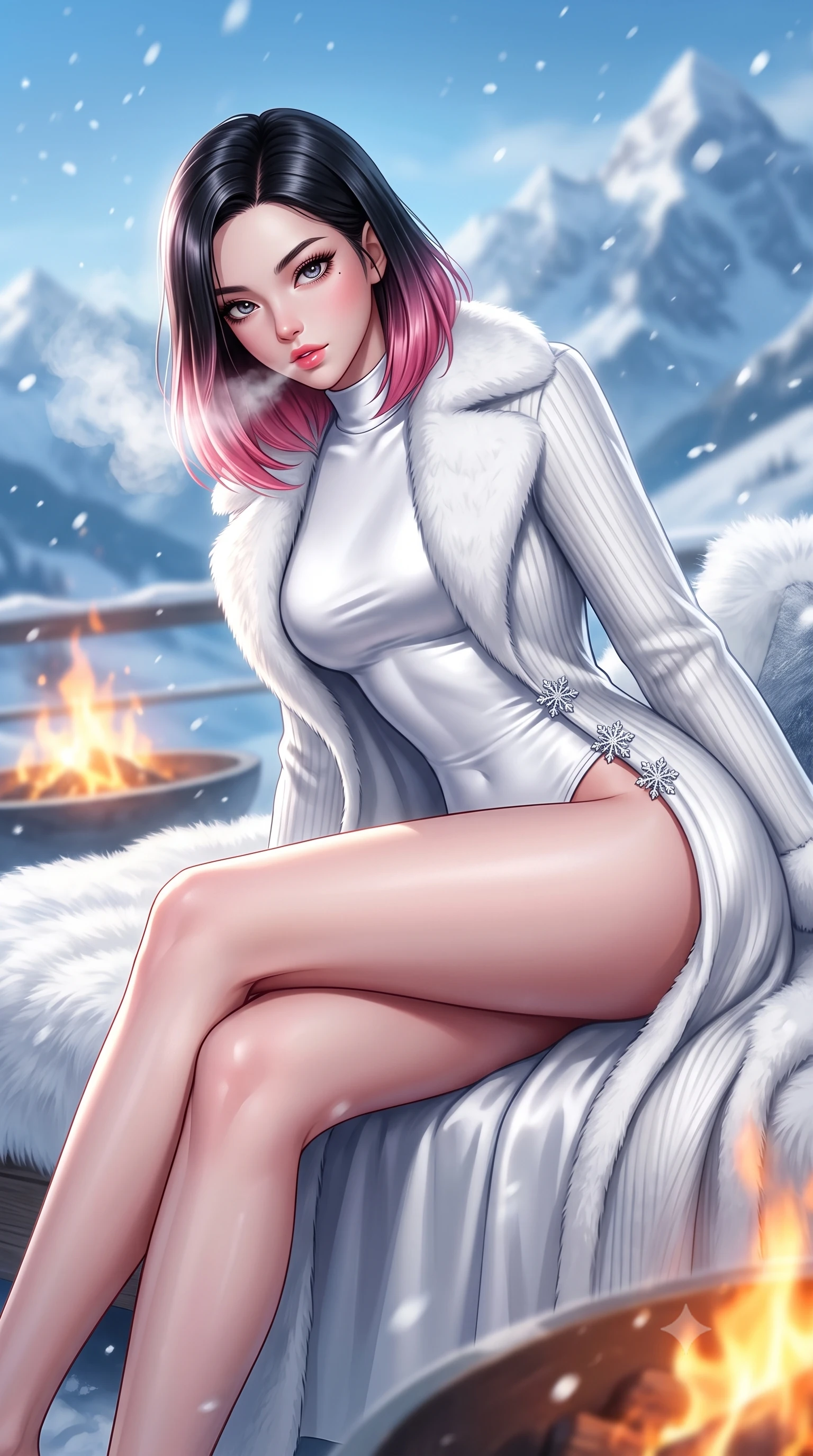 score_9, masterpiece, best quality, ultra-detailed, high-budget anime keyframe, semi-realistic 3D game render, editorial fashion photography, tasteful artistic composition, Korean woman. close-up cowboy shot from the waist and thighs up, the character dominates the composition, filling the frame with her large presence. leaning forward toward the camera with playful, breathtaking intimacy, eyes locked onto the viewer with irresistible charisma while reclining on an outdoor snow-view fur lounge daybed as steam rises, stretching her long slender legs in seductive comfort. The composition keeps background elements in soft focus with creamy bokeh. panoramic snow-capped mountain peaks and drifting blizzard flakes blurred into soft cerulean, slate-blue, and crystal-white bokeh. She has an exceptionally elegant, slender, and willowy female figure with an ultra-slim waist, a gracefully sculpted slender torso, toned flat midriff, and a refined slim silhouette. sharp v-shaped jawline, high-bridge nose, intricate jewel-like eyes with depth, thick eyelashes, glossy parted lips with a natural sheen, intensely captivating and seductive expression, flawlessly proportioned anatomical accuracy, strict slender model proportions, natural body alignment, perfectly sculpted long slender limbs, ultra-slim waistline, clean dynamic posture without body distortion. wearing a luxurious satin thermal leotard layered under a sweeping floor-length white shearling coat in metallic titanium and arctic fox white, knitted from ultra-soft fine Mongolian cashmere with body-contouring ribbing, accented with an ultra-high side slit secured by crystal snowflake clasps, the snug thermal second-skin fit accentuating her razor-sharp statuesque lines and slim hourglass silhouette amidst the cold snow. bathed in crisp alpine blue sky ambient fill and warm roaring fire pit uplights. highly saturated vibrant anime colors, detailed shading with soft gradients, rich glossy textures, high-contrast stereoscopic depth, volumetric dynamic lighting, master piece, 9:16 ratio