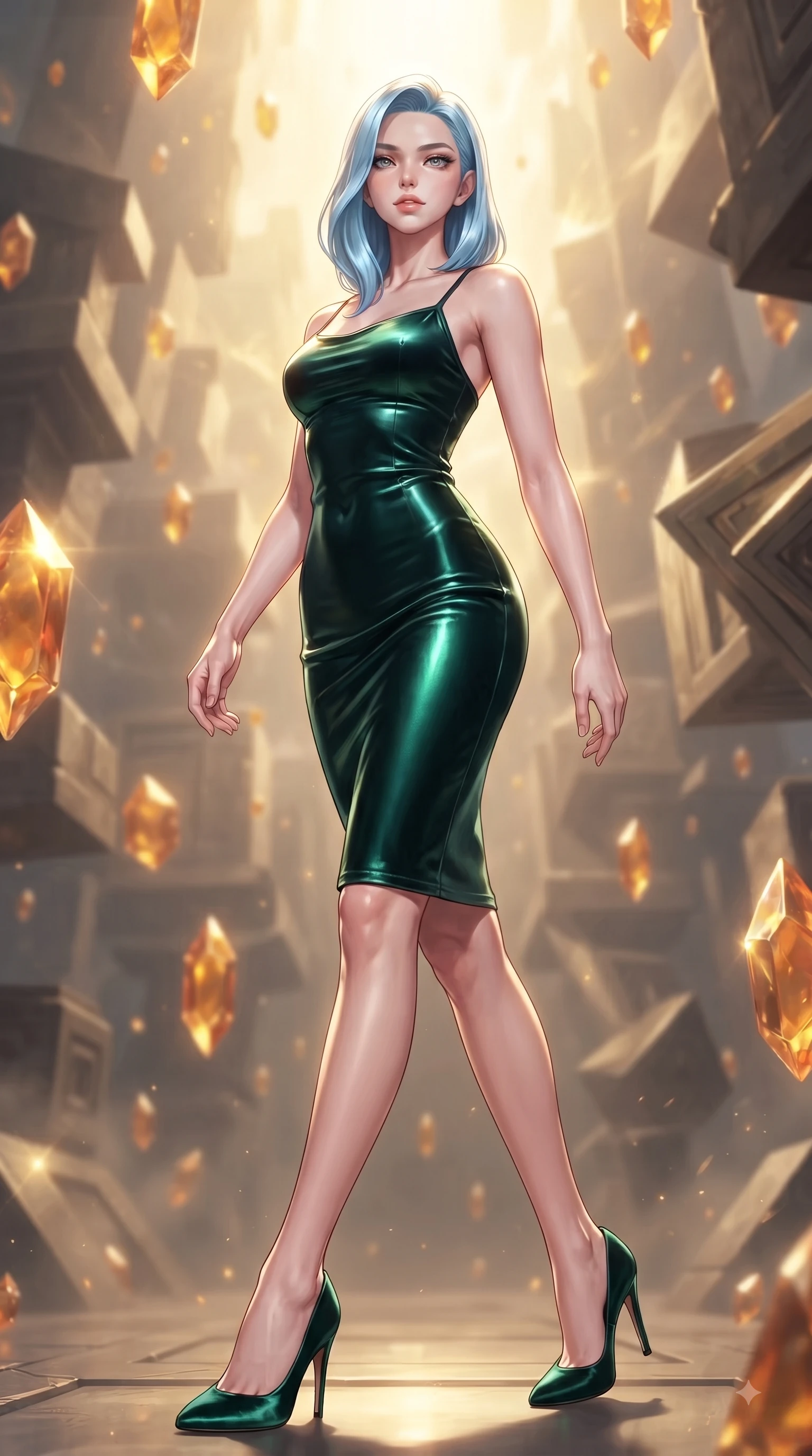 score_9, masterpiece, best quality, ultra-detailed, high-budget anime keyframe, editorial fashion photography, tasteful artistic composition, Korean woman woman. low angle full-body shot from head to toe showing her feet, filling the entire 9:16 vertical frame with her statuesque presence, stretching her vertical silhouette. She has an absolutely perfect, statuesque 8.5-heads proportion, an exceptionally tall and slender model-like female figure with impossibly long slender legs and an ultra-slim waist. stepping gracefully forward in a proud statuesque stride, her body turning in a fluid S-curve silhouette, flawlessly proportioned anatomical accuracy, natural body alignment, perfectly sculpted elegant limbs, clean dynamic posture without body distortion. set against a soft-focus background of a temporal corridor with floating amber time crystals. wearing a fitted dark emerald velvet slip dress with a smooth liquid sheen and delicate straps. bathed in golden temporal energy flares casting dramatic volumetric rim lighting. ultra-reflective glossy finish, specular highlights, metallic sheen, high-contrast stereoscopic depth, volumetric dynamic lighting, 2k, ultra detail, master piece, 9:16 ratio