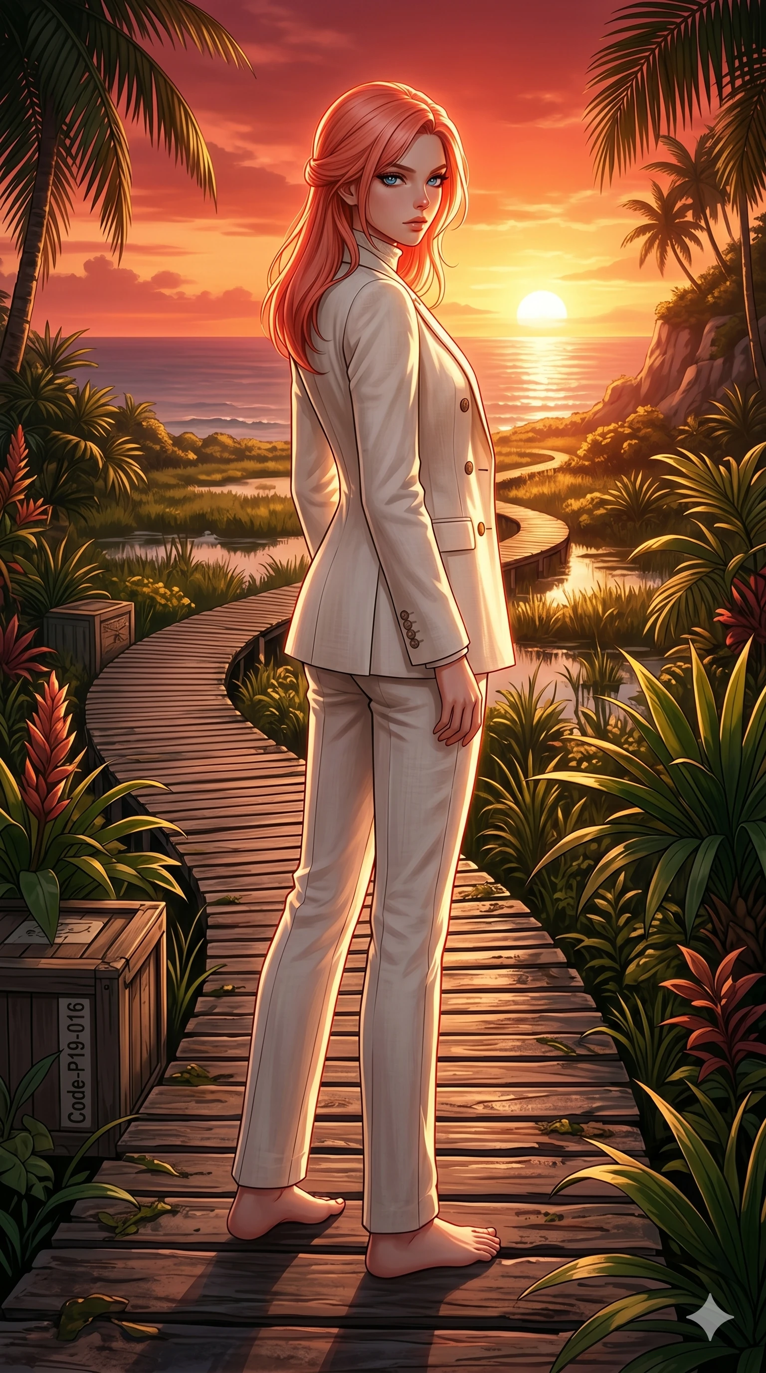 score_9, masterpiece, best quality, ultra-detailed, high-budget anime keyframe, editorial fashion photography, tasteful artistic composition, Japanese woman. low angle full-body shot from head to toe showing her feet, filling the entire 9:16 vertical frame with her statuesque presence, stretching her vertical silhouette. standing on the edge of the cliffside path, looking over her shoulder with a smoldering, mysterious gaze on a wooden boardwalk winding through a sunlit tropical wetland (Code-P19-016). She has an absolutely perfect 8-heads proportion, an exceptionally tall and slender female figure with impossibly long slender legs and an ultra-slim waist. V-shaped jawline, high-bridge nose, intricate jewel-like eyes with depth, thick eyelashes, glossy lips with a natural sheen. wearing a high-neck double-breasted summer linen coat with long tailored trousers in ivory. illuminated by the setting sun over the ocean, casting a deep crimson and gold backlight. 2k, ultra detail, master piece, 9:16 ratio