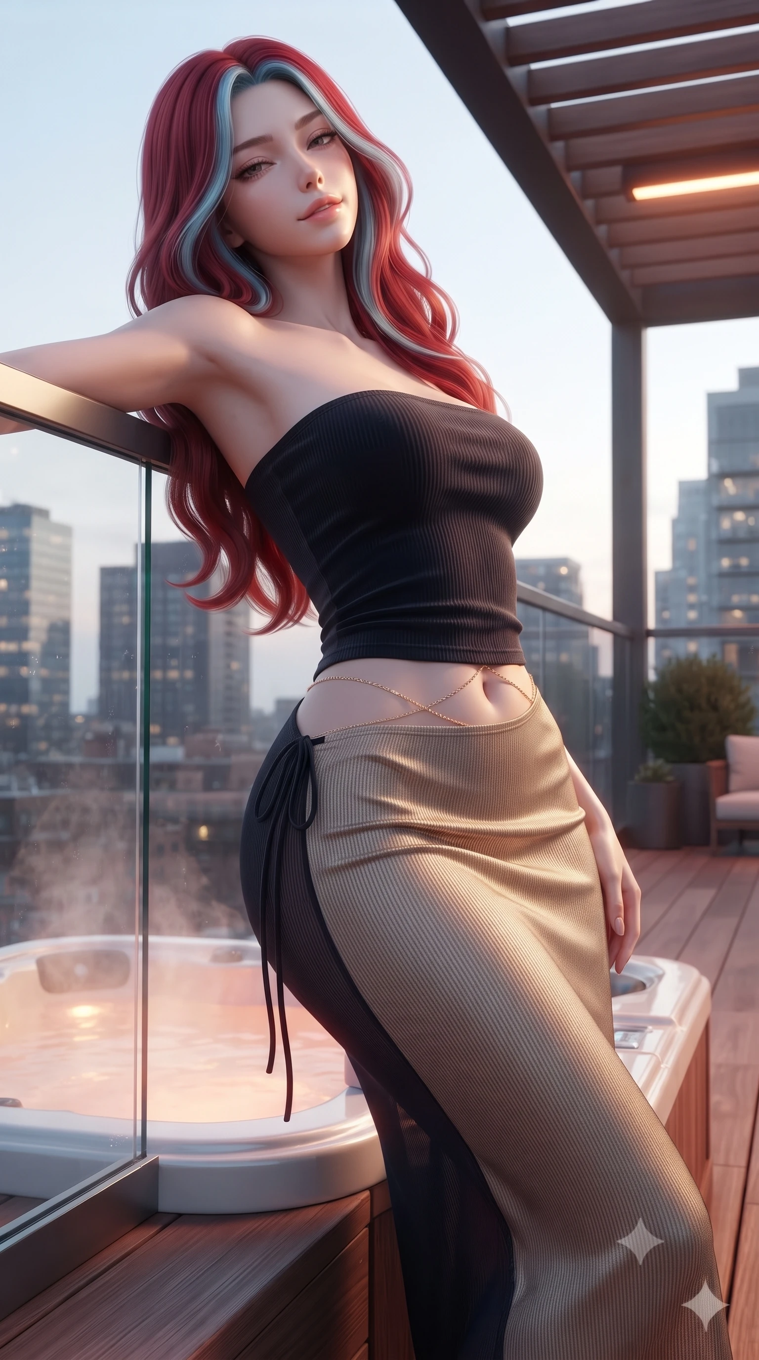 score_9, masterpiece, best quality, ultra-detailed, high-budget anime keyframe, editorial fashion photography, tasteful artistic composition, Caucasian woman. close-up cowboy shot from the waist and thighs up, the character dominates the composition, filling the frame with her large presence. leaning back against the balustrade with relaxed seductive grace, head tilted back slightly while casting a hypnotic, heavy-lidded gaze while standing on the cedar wood deck beside the steaming rooftop tub, arching her back with effortless British cosmopolitan allure. The surrounding environment is rendered in vivid detail and crisp panoramic clarity: detailed wet-look velvet romper cling, delicate waist chain shine, and contemporary rooftop terrace engineering in high resolution. She has an exceptionally elegant, slender, and willowy female figure with an ultra-slim waist, flat toned midriff, narrow ribcage, and sculpted feminine hips creating an alluring, slim hourglass silhouette without bulk. sharp v-shaped jawline, high-bridge nose, sparkling eyes with hypnotic seductive depth, thick curled eyelashes, glossy parted lips with a natural dewy peach sheen, alluring bedroom-eyes with an enchanting coquettish smile, exuding magnetic siren charisma and sophisticated glamour, flawlessly proportioned anatomical accuracy, strict slender model proportions, natural body alignment, perfectly sculpted long slender limbs, ultra-slim waistline, clean dynamic posture without body distortion. wearing a form-contouring ribbed knit tube dress with subtle side-lace ties tracing the curve of her hips in midnight obsidian black and liquid champagne gold, made of sheer gossamer chiffon that drapes softly against skin with airy translucence, accented with a dainty gold belly chain resting across her flat midriff and curving hips, the second-skin tailored fabric adhering flawlessly to her sculpted flat midriff and slender torso, emphasizing her long leg lines and perfectly proportioned willowy build. bathed in warm underwater tub LED glow mixed with warm pergola infrared heat lamp radiance. ultra-reflective glossy finish, specular highlights, rich textural contrasts, high-contrast stereoscopic depth, volumetric dynamic lighting, 2k, ultra detail, master piece, 9:16 ratio