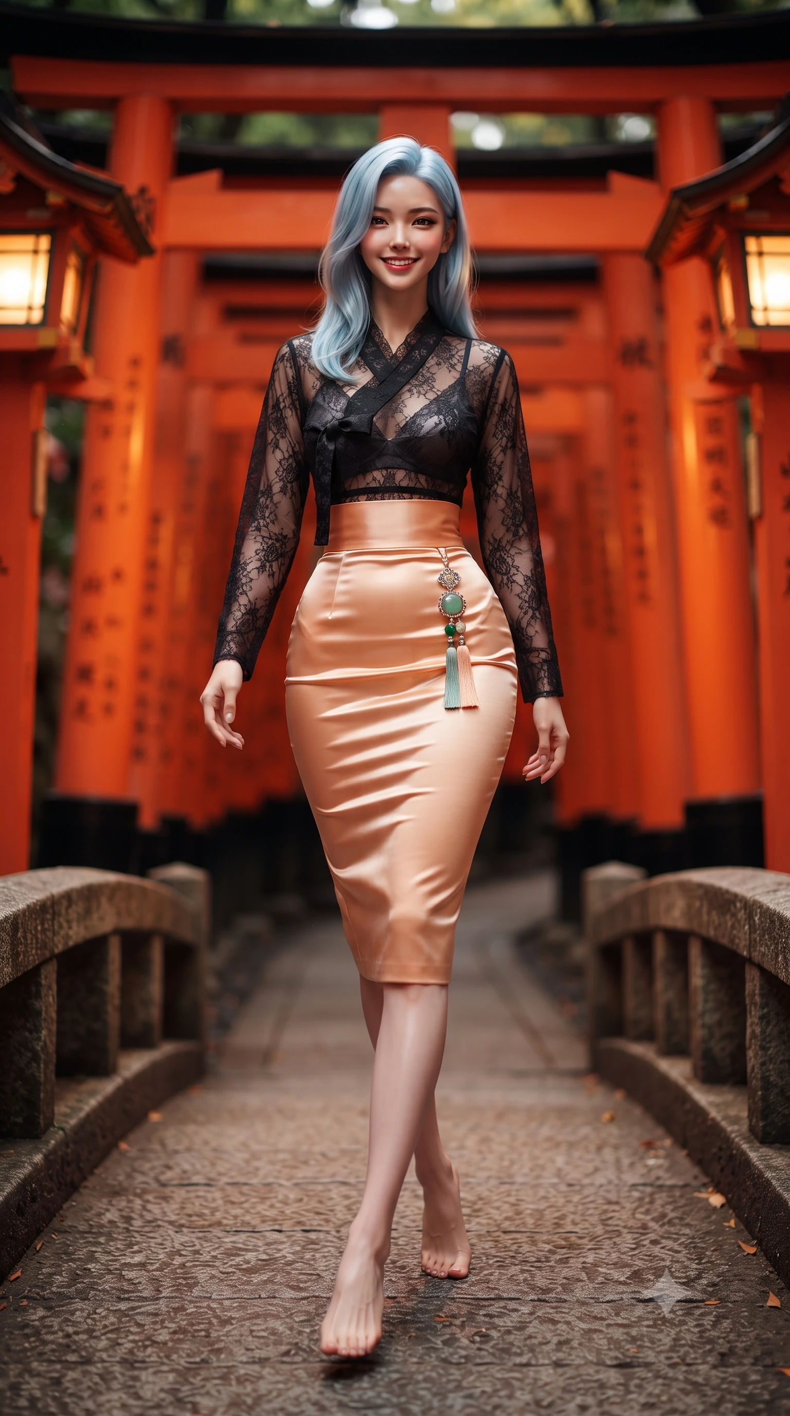 score_9, masterpiece, best quality, ultra-detailed, high-budget anime keyframe, editorial fashion photography, tasteful artistic composition, Korean woman. low angle full-body shot from head to toe showing her feet, filling the entire 9:16 vertical frame with her statuesque presence, stretching her vertical silhouette. stepping forward gracefully across the stone bridge in mid-motion with a radiant beaming smile, hips swaying in an alluring kinetic rhythm that accentuates her curvy hourglass silhouette and long slender legs while pausing beneath an illuminated mountain shrine archway, her statuesque presence commanding the sacred vermilion tunnel. The background shows a soft-focus thousands of tightly packed vermilion torii gates curving up Mount Inari blurred into fiery scarlet, vermilion, and forest shadow bokeh. She has an absolutely perfect, statuesque 8.5-heads proportion, an exceptionally tall and slender model-like female figure with impossibly long slender legs, an ultra-slim waist, a flat toned midriff, narrow delicate ribcage, and beautifully sculpted feminine hips creating a graceful, slim hourglass silhouette without any bulky heaviness. sharp v-shaped jawline, high-bridge nose, intricate jewel-like dark sparkling almond eyes with depth, thick lashes, glossy parted lips with a natural rose-plum sheen, bright alluring and coquettish smile with bedroom-eyes, exuding both timeless oriental elegance and sovereign high-fashion allure, flawlessly proportioned anatomical accuracy, strict slender model proportions, natural body alignment, perfectly sculpted long slender limbs, ultra-slim waistline, clean dynamic posture without body distortion. wearing a sheer black lace jeogori worn over an opaque dark silk bralette with an ultra-fitted high-waisted pencil skirt in warm peach apricot and soft vanilla silk, crafted from heavy fluid silk satin with a liquid mirror-like sheen, finished with an ornate modern norigae tassel with polished jade and chrome charms resting on her curvy hips, the glove-like silhouette tightly following the natural contour of her hips and long slender legs with youthful 8.5-heads elegance. bathed in radiant vermilion and warm lantern illumination echoing endlessly down the wooden tunnel. ultra-reflective glossy finish, specular highlights, rich textural contrasts, high-contrast stereoscopic depth, volumetric dynamic lighting, 2k, ultra detail, master piece, 9:16 ratio