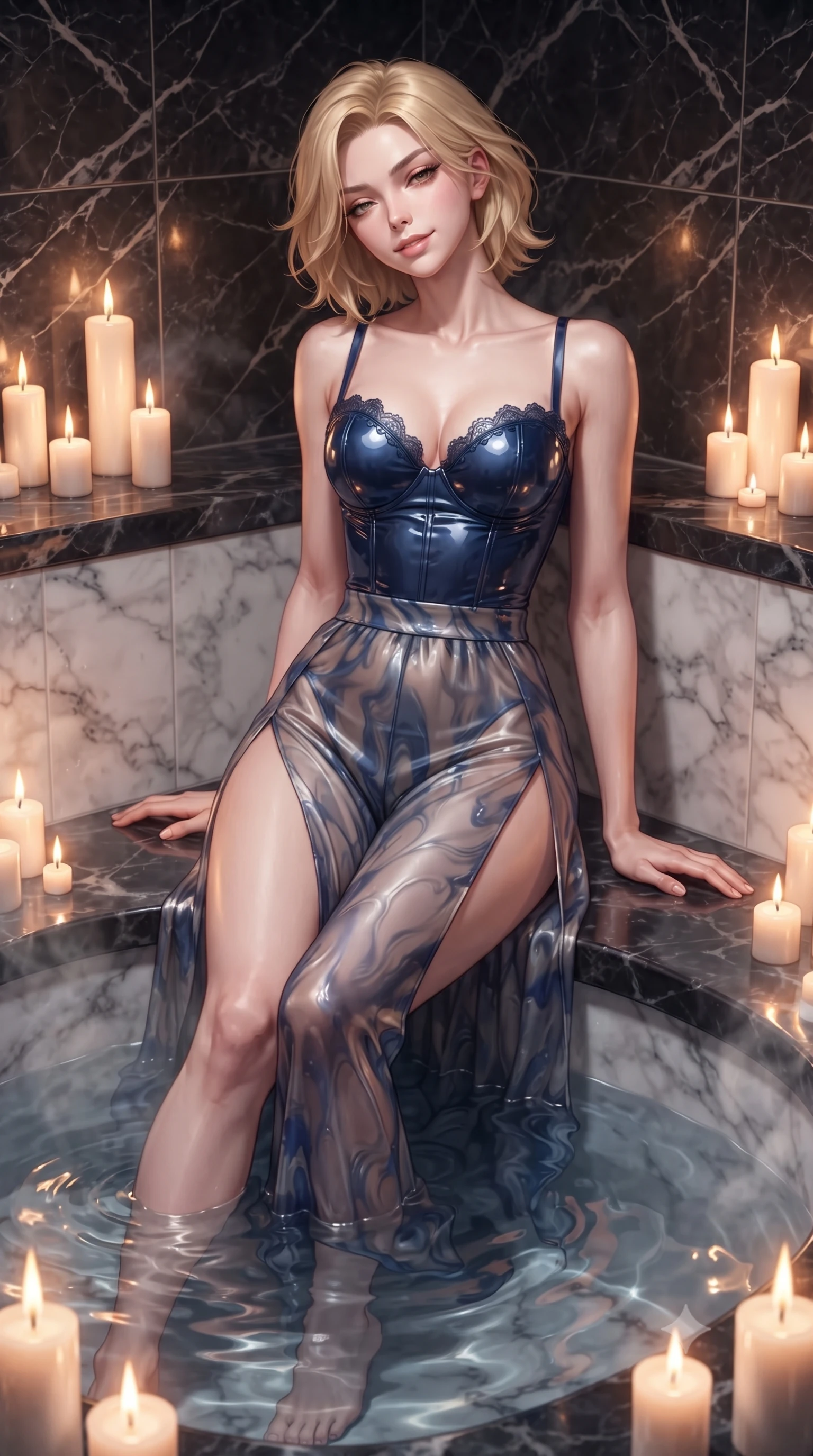 score_9, masterpiece, best quality, ultra-detailed, high-budget anime keyframe, editorial fashion photography, tasteful artistic composition, Caucasian woman. close-up cowboy shot from the waist and thighs up, the character dominates the composition, filling the frame with her large presence. leaning back against the steaming jacuzzi edge with relaxed seductive grace, head tilted back slightly while casting a hypnotic, heavy-lidded gaze while sitting on the sunken marble edge of the steaming jacuzzi with legs dipped in the water, arching her spine with seductive dancer poise. The surrounding environment is rendered in vivid detail and crisp panoramic clarity: sharp polished Nero Marquina marble veining, dancing candle flame reflections, and fine water surface ripples in deep focus. She has an exceptionally elegant, slender, and willowy female figure with an ultra-slim waist, flat toned midriff, narrow ribcage, and sculpted feminine hips creating an alluring, slim hourglass silhouette without bulk. sharp v-shaped jawline, high-bridge nose, sparkling eyes with hypnotic seductive depth, thick curled eyelashes, glossy parted lips with a natural dewy peach sheen, alluring bedroom-eyes with an enchanting coquettish smile, exuding magnetic siren charisma and sophisticated high-fashion glamour, flawlessly proportioned anatomical accuracy, strict slender model proportions, natural body alignment, perfectly sculpted long slender limbs, ultra-slim waistline, clean dynamic posture without body distortion. wearing a wet-look form-fitting vinyl bustier paired with sheer chiffon high-slit wide-leg trousers in molten liquid silver and deep sapphire navy, crafted from fluid liquid silk satin that clings smoothly to every curve with a dewy sheen, finished with scalloped eyelash lace trim framing her sweetheart neckline with intimate elegance, the second-skin tailored fabric adhering flawlessly to her sculpted flat midriff and slender torso, emphasizing her long leg lines and perfectly proportioned willowy build. illuminated by warm candle bounce and sharp rose-gold rim lighting sculpting her jawline, flat midriff, and voluptuous hip curves. ultra-reflective glossy finish, specular highlights, rich textural contrasts, high-contrast stereoscopic depth, volumetric dynamic lighting, 2k, ultra detail, master piece, 9:16 ratio