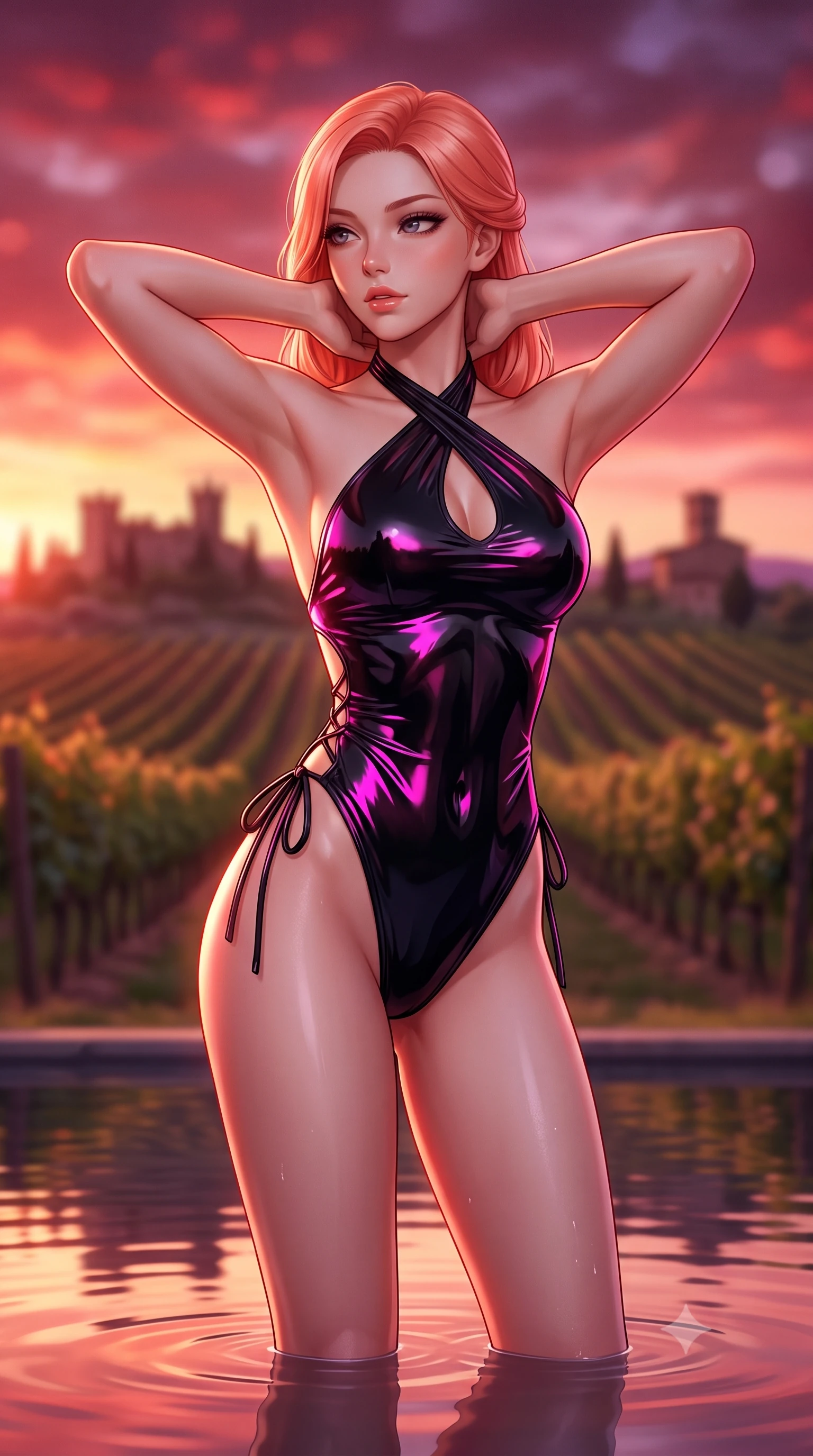 score_9, masterpiece, best quality, ultra-detailed, high-budget anime keyframe, semi-realistic 3D game render, editorial fashion photography, tasteful artistic composition, Japanese woman. close-up cowboy shot from the waist and thighs up, the character dominates the composition, filling the frame with her large presence. resting both hands lightly behind her neck with elbows raised, arching her spine to highlight her narrow waist, flat midriff, and breathtaking collarbones while standing knee-deep in the mirror-smooth pool with hips cocked back, looking over a bare shoulder toward the vineyard with smoldering siren allure. The background shows a soft-focus lush Sangiovese vineyard rows stretching to the horizon, ancient hilltop castle silhouettes, and fiery crimson sunset sky blurred into rose-gold, burgundy, and violet bokeh. She has an exceptionally elegant, slender, and willowy female figure with an ultra-slim waist, flat toned midriff, narrow ribcage, and sculpted feminine hips creating an alluring, slim hourglass silhouette without bulk. sharp v-shaped jawline, high-bridge nose, sparkling eyes with hypnotic seductive depth, thick curled eyelashes, glossy parted lips with a natural dewy peach sheen, alluring bedroom-eyes with an enchanting coquettish smile, exuding magnetic siren charisma and sophisticated glamour, flawlessly proportioned anatomical accuracy, strict slender model proportions, natural body alignment, perfectly sculpted long slender limbs, ultra-slim waistline, clean dynamic posture without body distortion. wearing a criss-cross halterneck keyhole bodysuit with open back and sculpted waist darts in wet-look onyx black with electric magenta reflections, crafted from wet-look high-gloss vinyl fabric with dazzling specular surface reflections, featuring fine criss-cross lace-up side ties revealing tantalizing glimpses of her hip curve, the second-skin tailored fabric adhering flawlessly to her sculpted flat midriff and slender torso, emphasizing her long leg lines and perfectly proportioned willowy build. bathed in saturated crimson, apricot, and lavender sunset light blazing across the Tuscan sky. highly saturated vibrant anime colors, detailed shading with soft gradients, rich glossy textures, high-contrast stereoscopic depth, volumetric dynamic lighting, master piece, 9:16 ratio