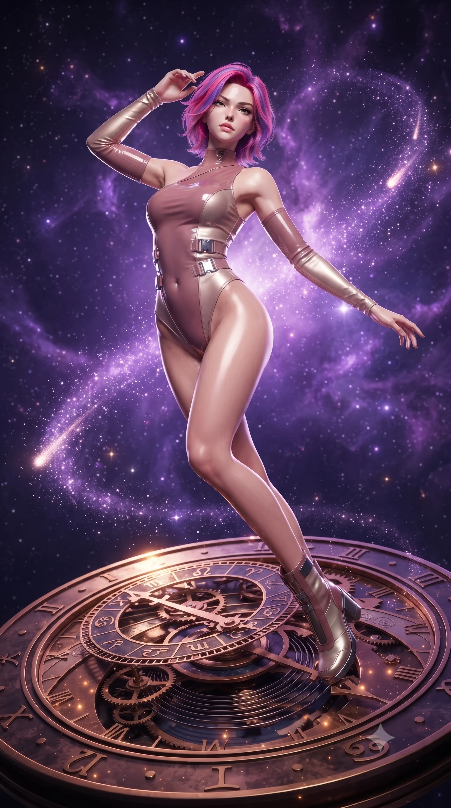 score_9, masterpiece, best quality, ultra-detailed, high-budget anime keyframe, editorial fashion photography, tasteful artistic composition, Caucasian woman. low angle full-body shot from head to toe showing her feet, filling the entire 9:16 vertical frame with her statuesque presence, stretching her vertical silhouette. pivoting dynamically in zero-gravity with fluid body alignment, displaying her perfect model proportions while pivoting dynamically on a revolving bronze zodiac dial surrounded by comet dust streams, intricate bronze clockwork springs reflecting warm starlight specular highlights. She has an absolutely perfect, statuesque 8.5-heads proportion, an exceptionally tall and slender model-like female figure with impossibly long slender legs and an ultra-slim waist. sharp v-shaped jawline, high-bridge nose, intricate jewel-like eyes with depth, thick eyelashes, glossy lips with a natural sheen, flawlessly proportioned anatomical accuracy, natural body alignment, perfectly sculpted elegant limbs, clean dynamic posture without body distortion. wearing an asymmetrical high-cut tech-bodysuit with detached sleeves in dusty rose and champagne gold, tailored from high-gloss patent leather, detailed with polished silver buckles along the waistline, the tailored fabric tightly following every curve of her athletic build. surrounded by a glowing aura of starlight and shimmering violet cosmic fill. ultra-reflective glossy finish, specular highlights, metallic sheen, high-contrast stereoscopic depth, volumetric dynamic lighting, 2k, ultra detail, master piece, 9:16 ratio