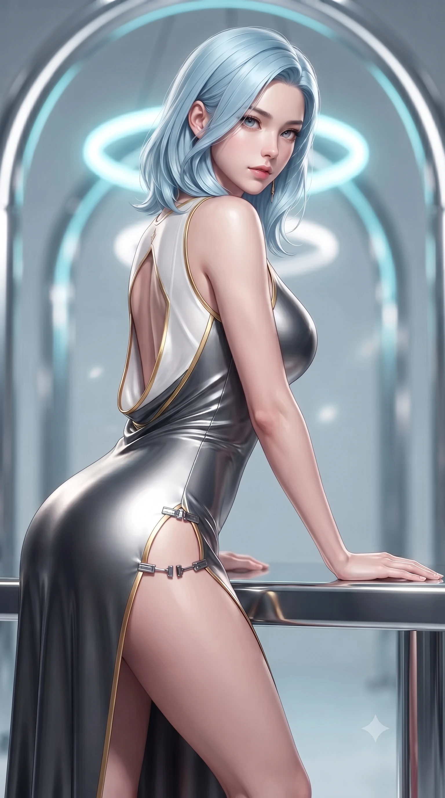 score_9, masterpiece, best quality, ultra-detailed, high-budget anime keyframe, editorial fashion photography, tasteful artistic composition, Korean woman. close-up cowboy shot from the waist and thighs up, the character dominates the composition, filling the frame with her large presence. stretching forward with an alluring arch of her spine, glancing over her shoulder with divine self-assurance and magnetic intensity while resting one hand along a mirror-finished chrome altar with a serene, sovereign gaze looking directly into the lens. The composition keeps background elements in soft focus with creamy bokeh. soaring polished chrome arches and rotating neon halo rings blurred into luminous cyan and platinum bokeh. She has an exceptionally elegant, slender, and willowy female figure with an ultra-slim waist, a gracefully sculpted slender torso, toned flat midriff, and a refined slim silhouette. sharp v-shaped jawline, high-bridge nose, intricate jewel-like eyes with depth, thick eyelashes, glossy lips with a natural sheen, flawlessly proportioned anatomical accuracy, strict slender model proportions, natural body alignment, perfectly sculpted long slender limbs, ultra-slim waistline, clean dynamic posture without body distortion. wearing a precision-fitted liquid jersey bodycon gown in radiant chrome and white, featuring an open cowl back and high side slit in pristine liquid pearl white and radiant solar gold trim, made of liquid jersey fabric that clings flawlessly to every contour of her build, finished with an ultra-high side slit secured by miniature magnetic clasps, the sleek second-skin cut tightly hugging her graceful clavicle, narrow waist, and feminine curves with athletic precision. illuminated by crisp white key light and sharp specular rim highlights tracing her slender curves. ultra-reflective glossy finish, specular highlights, dark metallic sheen, high-contrast stereoscopic depth, volumetric dynamic lighting, 2k, ultra detail, master piece, 9:16 ratio