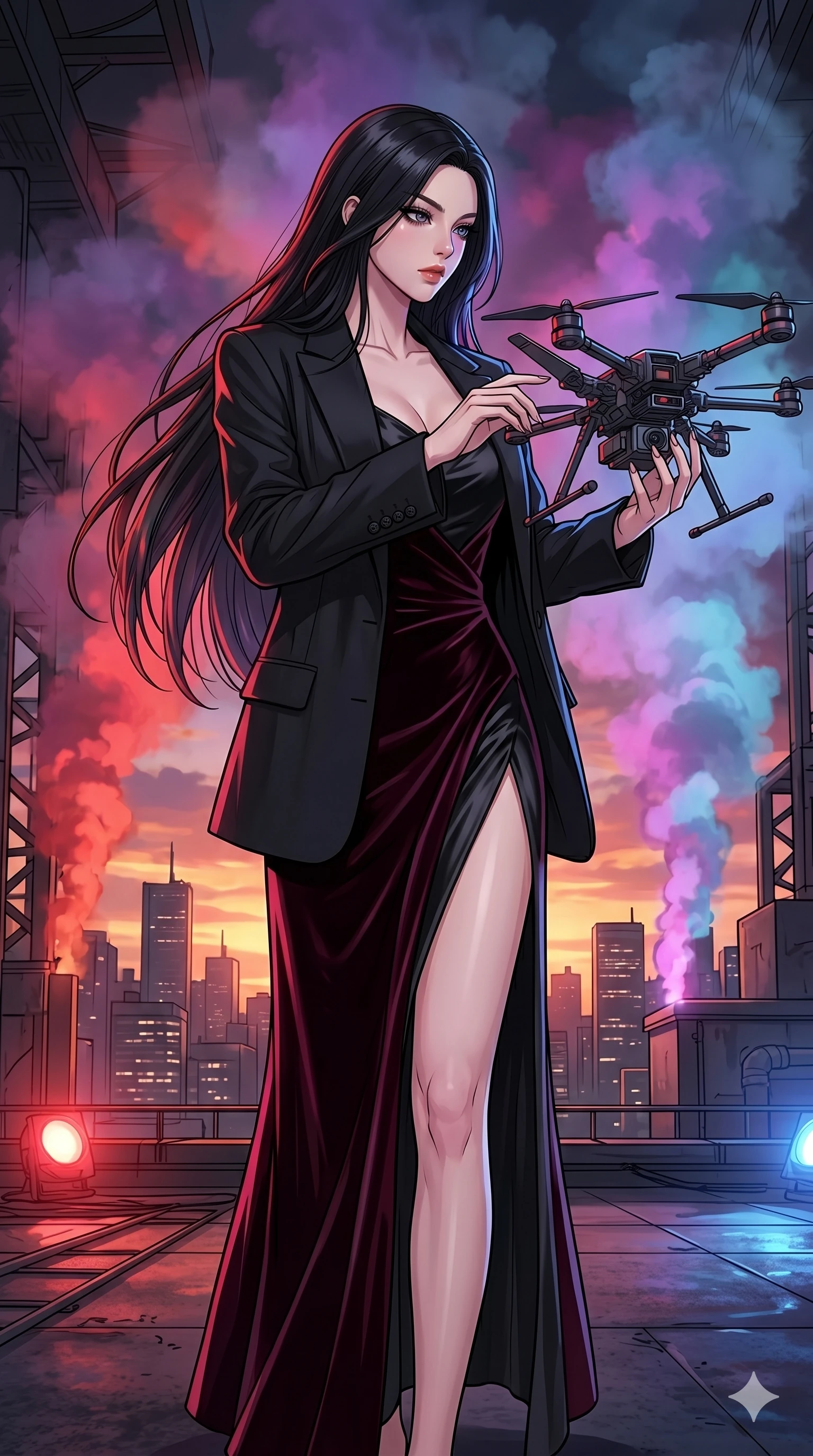 score_9, masterpiece, best quality, ultra-detailed, high-budget anime movie keyframe, cinematic anime lighting, intricate line art, Korean woman. Low angle cowboy shot capturing a powerful motion and statuesque presence. reparing a drone's wings as it hovers in front of her. She has an absolutely perfect 8-heads proportion, an exceptionally tall and slender female figure with an ultra-slim waist and impossibly long slender legs. strictly human anatomy, two legs only, no extra limbs, clearly defined legs and arms, perfect anatomy, perfect hands and fingers. sharp v-shaped jawline, high-bridge nose, intricate jewel-like eyes, thick eyelashes, glossy lips. Wearing High-Fashion Editorial: Silk slip dress with high side slit, backless velvet gown, and structured blazer with nothing underneath. The scene is illuminated by dramatic atmospheric lighting and vibrant color palettes. , 2k, ultra detail, master piece, 9:16 ratio