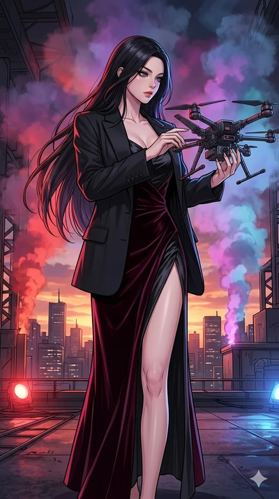 score_9, masterpiece, best quality, ultra-detailed, high-budget anime movie keyframe, cinematic anime lighting, intricate line art, Korean woman. Low angle cowboy shot capturing a powerful motion and statuesque presence. reparing a drone's wings as i