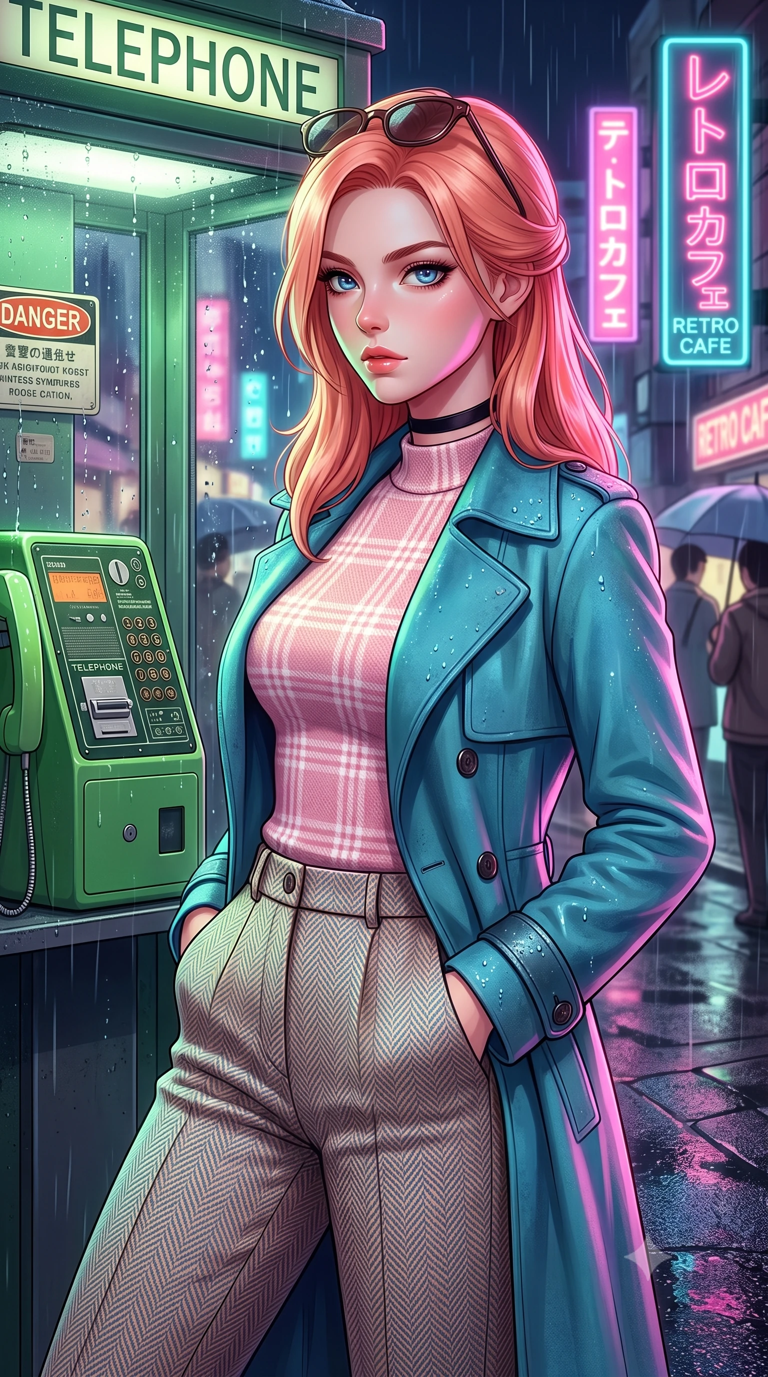 score_9, masterpiece, best quality, ultra-detailed, high-budget anime keyframe, semi-realistic 3D game render, editorial fashion photography, tasteful artistic composition, Japanese woman. close-up cowboy shot from the waist and thighs up, the character dominates the composition, filling the frame with her large presence. radiating intense magnetic charisma with jewel-like eyes locked onto the viewer, her upper body turning in a dynamic, fluid S-curve while leaning against a vintage green telephone booth with hands in her jacket pockets, looking back over her shoulder. The surrounding environment is rendered in vivid detail and crisp panoramic clarity. crisp neon tube lettering, distinct raindrop beads on leather jacket, and wet asphalt textures in deep focus. She has an exceptionally elegant, slender, and willowy female figure with an ultra-slim waist, a gracefully sculpted slender torso, toned flat midriff, and a refined slim silhouette. sharp v-shaped jawline, high-bridge nose, intricate jewel-like eyes with depth, thick eyelashes, glossy lips with a natural sheen, captivating and magnetic expression, flawlessly proportioned anatomical accuracy, strict slender model proportions, natural body alignment, perfectly sculpted long slender limbs, ultra-slim waistline, clean dynamic posture without body distortion. wearing a stylish retro suede trench coat over a fitted mock-neck knit top and high-waist tailored slacks in retro turquoise, baby pink, and white, tailored from fine British wool tweed and comfortable stretch cotton, finished with a delicate black velvet ribbon choker and vintage sunglasses, the liquid-tight tailored fabric emphasizing every curve of her tall, slender model proportions and sculptured silhouette during dynamic movement. surrounded by a romantic, moody, and irresistibly nostalgic 90s city-pop heroine aura. highly saturated vibrant anime colors, detailed shading with soft gradients, rich glossy textures, high-contrast stereoscopic depth, volumetric dynamic lighting, master piece, 9:16 ratio