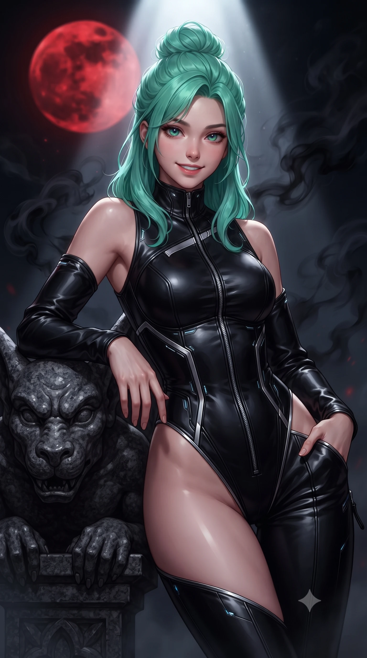 score_9, masterpiece, best quality, ultra-detailed, high-budget anime keyframe, editorial fashion photography, tasteful artistic composition, Japanese woman. close-up cowboy shot from the waist and thighs up, the character dominates the composition, filling the frame with her large presence, background elements kept in soft focus. Smiling with quiet, magnetic self-assurance directly into the camera, resting against a carved black granite gothic gargoyle under a blood-red moon, dark smoke clouds from black incense drifting through cold air. She has an exceptionally elegant, slender, and willowy female figure with an ultra-slim waist, a gracefully sculpted slender torso, and a refined silhouette. sharp v-shaped jawline, high-bridge nose, intricate jewel-like eyes with depth, thick eyelashes, glossy lips with a natural sheen. wearing asymmetric high-cut cyber-bodysuit with detached sleeves in onyx black in smoky pitch black, made of polished black leather, finished with metallic silver boning and sleek zipper points, sculpting her athletic slender build with refined precision. lit by dramatic theatrical spotlight from above, keeping background elements in pitch-dark soft focus. highly saturated vibrant anime colors, detailed shading with soft gradients, rich glossy textures, high-contrast stereoscopic depth, volumetric dynamic lighting, master piece, 9:16 ratio