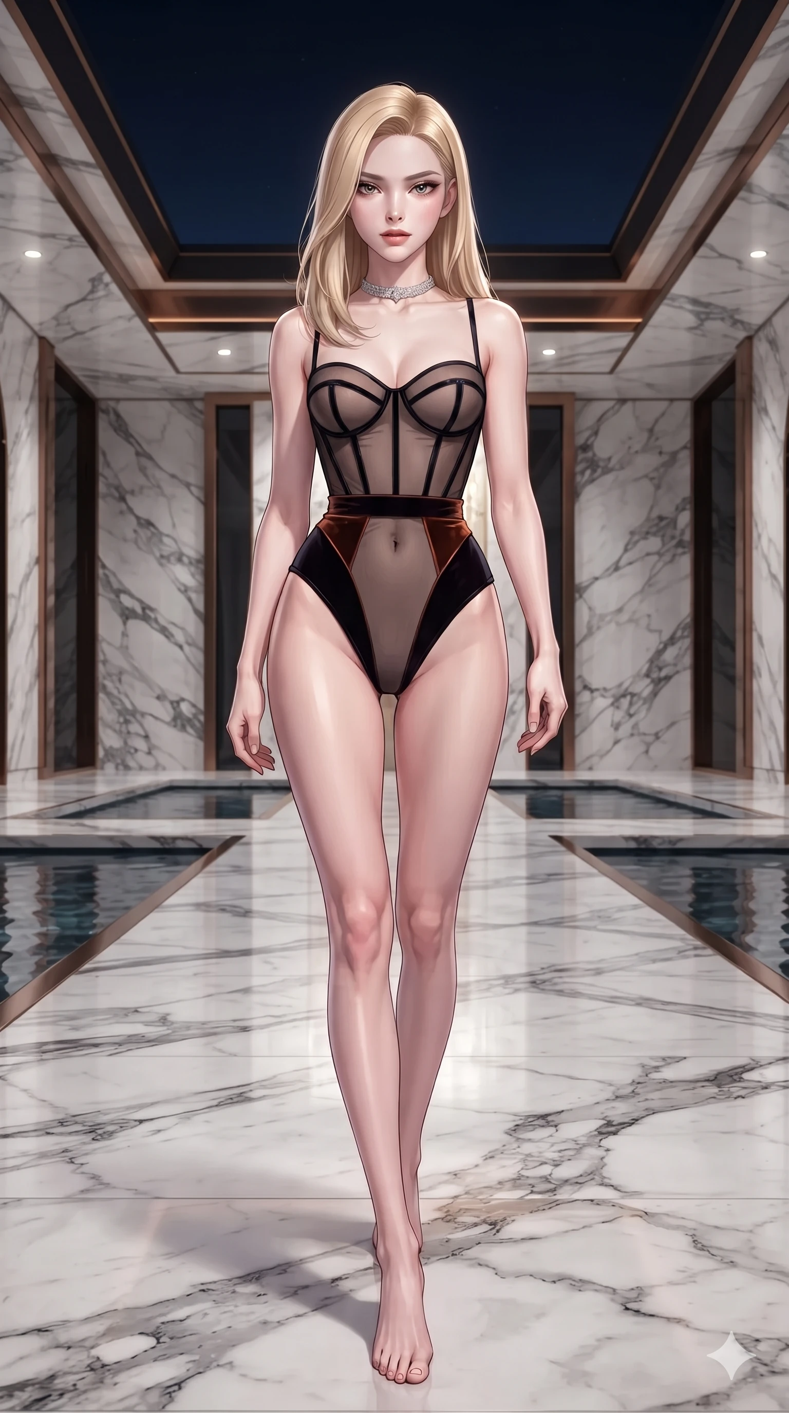 score_9, masterpiece, best quality, ultra-detailed, high-budget anime keyframe, editorial fashion photography, tasteful artistic composition, Korean woman. low angle full-body shot from head to toe showing her feet, filling the entire 9:16 vertical frame with her statuesque presence, stretching her vertical silhouette. reclining gracefully on an oversized white leather daybed under the open midnight sky, her long slender legs and hourglass curves commanding the frame while walking slowly across the vast marble atrium with sovereign elegance, hips swaying gracefully as her heels click on stone. The surrounding environment is rendered in vivid detail and crisp panoramic clarity: sharp Nero Marquina marble veining, still water reflecting pools, and architectural bronze trim in deep focus. She has an exceptionally tall and slender model-like 8.5-heads proportion, an ultra-slim waist, a flat toned midriff, narrow delicate ribcage, and beautifully sculpted feminine hips creating a graceful, slim hourglass silhouette without any bulky heaviness, with impossibly long slender legs. sharp v-shaped jawline, high-bridge nose, intricate jewel-like dark sparkling eyes with dangerous depth, thick curled eyelashes, glossy parted lips with a rich wine sheen, smoldering seductive half-smile with bedroom-eyes, exuding effortless superiority and intoxicating dark allure, flawlessly proportioned anatomical accuracy, strict slender model proportions, natural body alignment, perfectly sculpted long slender limbs, ultra-slim waistline, clean dynamic posture without body distortion. wearing a sheer-illusion mesh corset gown with strategic opaque velvet panels framing her waist and hips in dark burnt copper and matte black, featuring fine criss-cross satin back lacing tracing her slender spine, finished with a delicate diamond choker catching the chandelier light, the form-contouring cut accentuating her sculpted flat midriff, narrow delicate ribcage, and gracefully curvy hips with intoxicating allure. illuminated by mirror-polished marble floor bounce and sharp silver-topaz rim lights defining her razor-sharp jawline, narrow waist, and curvy hips. ultra-reflective glossy finish, specular highlights, rich textural contrasts, high-contrast stereoscopic depth, volumetric dynamic lighting, 2k, ultra detail, master piece, 9:16 ratio