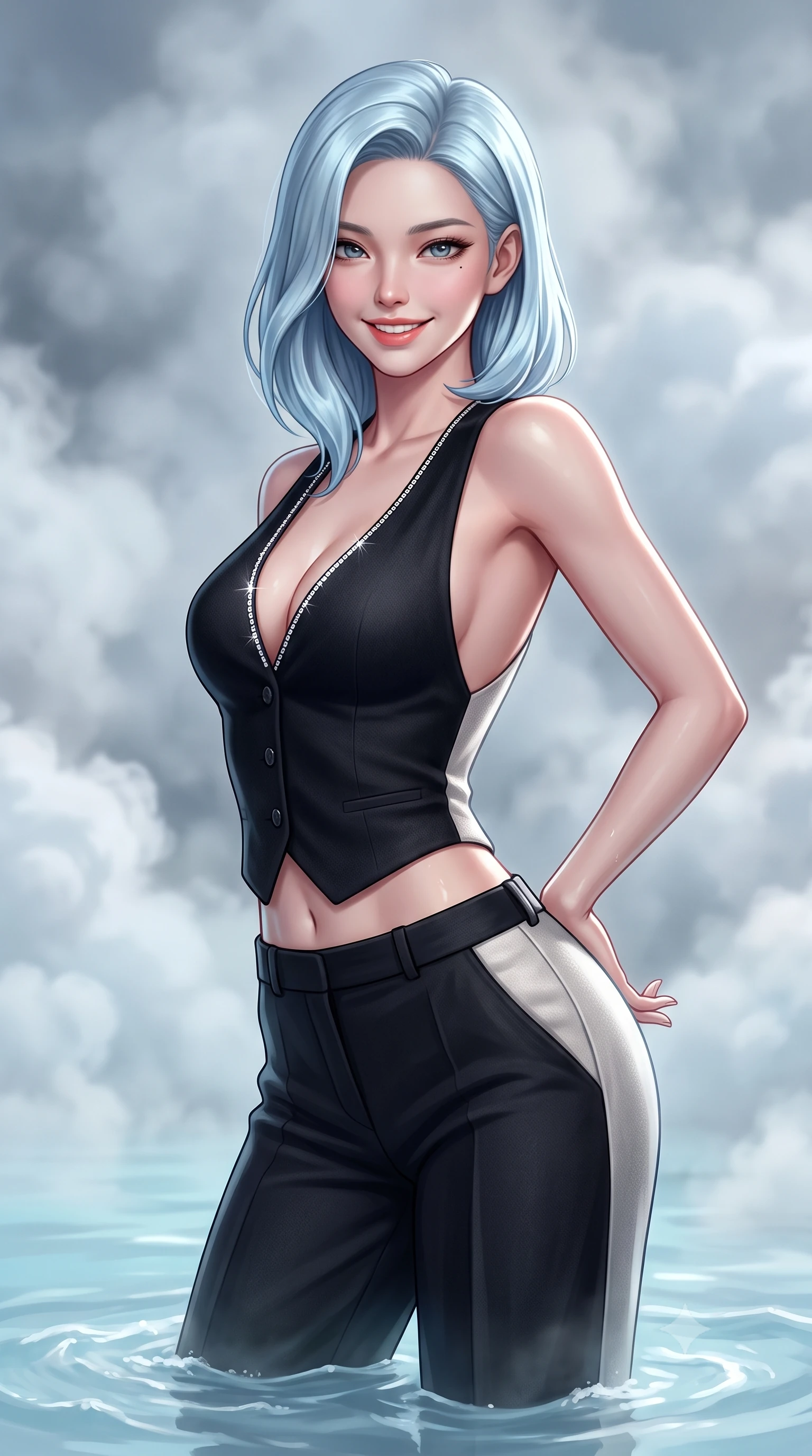 score_9, masterpiece, best quality, ultra-detailed, high-budget anime keyframe, semi-realistic 3D game render, editorial fashion photography, tasteful artistic composition, Korean woman. close-up cowboy shot from the waist and thighs up, the character dominates the composition, filling the frame with her large presence. resting both hands lightly behind her back while leaning toward the lens with a cheerful, teasing grin, her form-fitting knit hugging her narrow waist and feminine hip curve while twisting her slender torso in an alluring S-curve, milky-blue geothermal water lapping against her flat midriff and rounded feminine hips. The composition keeps background elements in soft focus with dreamy creamy bokeh. thick billowing geothermal steam clouds rising into the sub-zero air softened in otherworldly Icelandic shallow focus. She has an exceptionally elegant, slender, and willowy female figure with an ultra-slim waist, flat toned midriff, narrow ribcage, and sculpted feminine hips creating an alluring, slim hourglass silhouette without bulk. sharp v-shaped jawline, high-bridge nose, sparkling ice-crystal eyes with depth, frosty thick lashes, glossy parted lips with a rosy berry sheen, bright playful smile with an intoxicating seductive glint, rosy flushed cheeks radiating cozy warmth and dangerous allure, flawlessly proportioned anatomical accuracy, strict slender model proportions, natural body alignment, perfectly sculpted long slender limbs, ultra-slim waistline, clean dynamic posture without body distortion. wearing a tailored cashmere vest worn closed against bare skin with high-waisted wide-leg wool trousers in dark obsidian black and gleaming platinum, crafted from ultra-soft pure Mongolian cashmere yarn with an airy cozy drape, finished with subtle crystal rhinestones lining the plunging neckline, the precision-cut side openings and low-back scoop framing her graceful spine and the sensual sweep of her slim, toned hips. illuminated by milky-cyan water bounce fill and sharp silver rim lights sculpting her razor-sharp jawline, narrow waist, and curvy hips. highly saturated vibrant anime colors, detailed shading with soft gradients, rich glossy textures, high-contrast stereoscopic depth, volumetric dynamic lighting, master piece, 9:16 ratio
