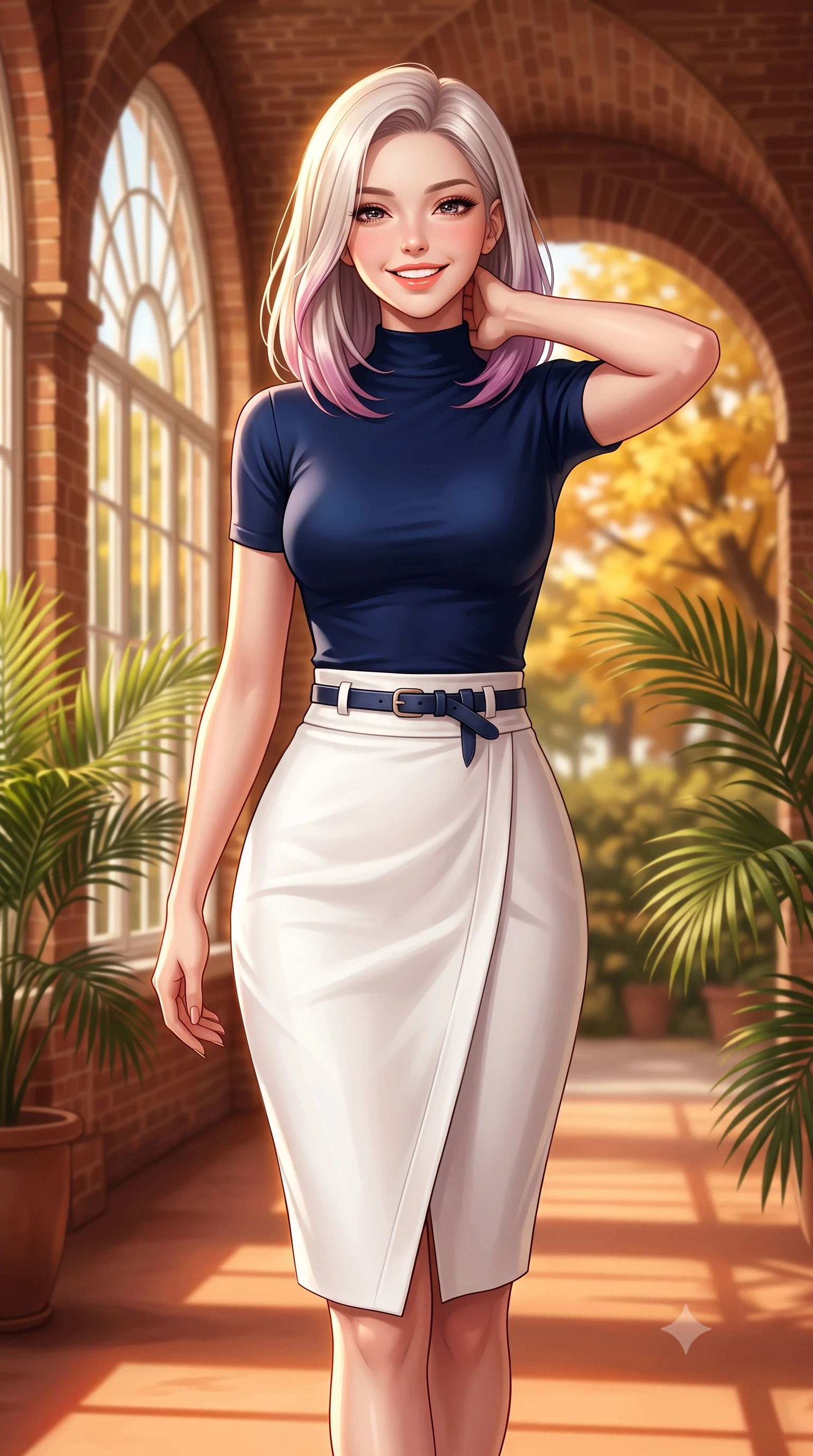 score_9, masterpiece, best quality, ultra-detailed, high-budget anime keyframe, semi-realistic 3D game render, editorial fashion photography, tasteful artistic composition, Caucasian woman. close-up cowboy shot from the waist and thighs up, the character dominates the composition, filling the frame with her large presence. resting one hand lightly behind her neck, arching her back with supermodel poise while beaming with an infectious radiant smile while walking along the sunny brick arched gallery, her wool pleated skirt swaying in graceful cadence with each step. The background shows a soft-focus arched multi-pane conservatory windows, lush potted palm fronds, and golden maple trees outside blurred into honey, terracotta, and olive bokeh. She has an exceptionally elegant, slender, and willowy female figure with an ultra-slim waist, flat toned midriff, narrow ribcage, and sculpted feminine hips creating an alluring, slim hourglass silhouette without bulk. sharp v-shaped jawline, high-bridge nose, intricate jewel-like sparkling eyes with depth, thick eyelashes, glossy parted lips with a natural peach sheen, bright cheerful beaming smile with an enchanting and coquettish sensual glint, exuding both youthful cute charm and seductive allure, flawlessly proportioned anatomical accuracy, strict slender model proportions, natural body alignment, perfectly sculpted long slender limbs, ultra-slim waistline, clean dynamic posture without body distortion. wearing a tight-fitting mock-neck silk jersey top paired with a high-waisted wrap pencil skirt cinched with an obi-inspired leather belt in French navy blue and crisp alabaster white, made of high-gauge compact silk knit that hugs her curves with seamless sculpted precision, finished with a slim equestrian bridle-leather belt cinched tightly at the narrowest point of her waist, the body-conscious tailored knit hugging her sculpted torso and curvaceous hips in a seamless, fluid line that highlights her statuesque model proportions. illuminated by terracotta floor reflection fill and warm golden rim lights defining her delicate collar and willowy silhouette. highly saturated vibrant anime colors, detailed shading with soft gradients, rich glossy textures, high-contrast stereoscopic depth, volumetric dynamic lighting, master piece, 9:16 ratio