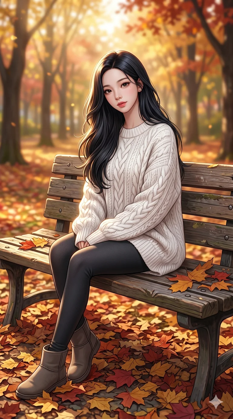 score_9, score_8_up, score_7_up, source_anime, masterpiece, best quality, ultra-detailed, same character with long flowing black hair, wearing a cozy white oversized sweater and leggings, full body shot sitting on a wooden bench in a park during autumn, colorful fallen leaves on the ground, soft golden sunlight, 2k, 9:16 ratio