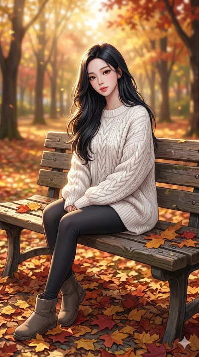 score_9, score_8_up, score_7_up, source_anime, masterpiece, best quality, ultra-detailed, same character with long flowing black hair, wearing a cozy white oversized sweater and leggings, full body shot sitting on a wooden bench in a park during autu