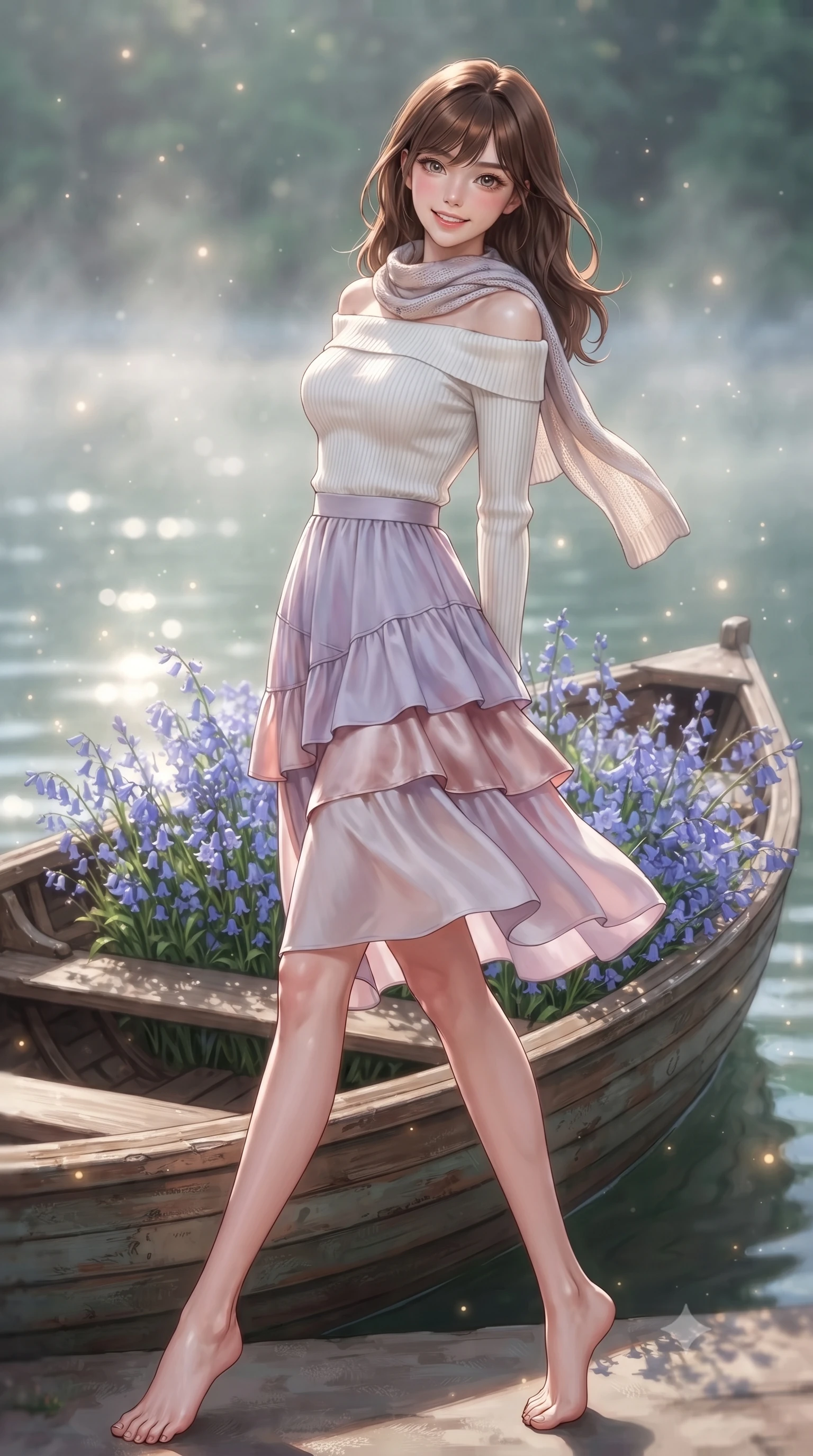 score_9, masterpiece, best quality, ultra-detailed, high-budget anime keyframe, editorial fashion photography, tasteful artistic composition, Korean woman. low angle full-body shot from head to toe showing her feet, filling the entire 9:16 vertical frame with her statuesque presence, stretching her vertical silhouette. pivoting dynamically with a fresh infectious smile, her ultra-slim waist and long slender legs creating a fluid graceful line while leaning gently against a vintage wooden rowboat filled with bluebells, casting a warm and charming gaze into the lens. The composition keeps background elements in soft focus with creamy bokeh. shimmering water light refractions and drifting lake mist scattering soft glowing light motes. She has an absolutely perfect, statuesque 8.5-heads proportion, an exceptionally tall and slender model-like female figure with impossibly long slender legs, a toned flat midriff, and an ultra-slim waist. sharp v-shaped jawline, high-bridge nose, intricate jewel-like eyes with depth, thick eyelashes, glossy lips with a natural sheen, pure and lovely fresh girlhood expression, flawlessly proportioned anatomical accuracy, strict slender model proportions, natural body alignment, perfectly sculpted long slender limbs, ultra-slim waistline, clean dynamic posture without body distortion. wearing a fresh off-shoulder ribbed knit top paired with a tiered white cotton midi skirt in subtle lilac violet and soft rose gold, crafted from smooth fluid silk satin with a natural gentle sheen, finished with a lightweight knitted scarf draped loosely around her neck, the soft airy drape swaying gracefully with her dynamic movements, emphasizing her tall willowy build and slim waistline. illuminated by soft morning mist backlighting and emerald water ambient bounce. ultra-reflective glossy finish, specular highlights, rich natural textures, high-contrast stereoscopic depth, volumetric dynamic lighting, 2k, ultra detail, master piece, 9:16 ratio