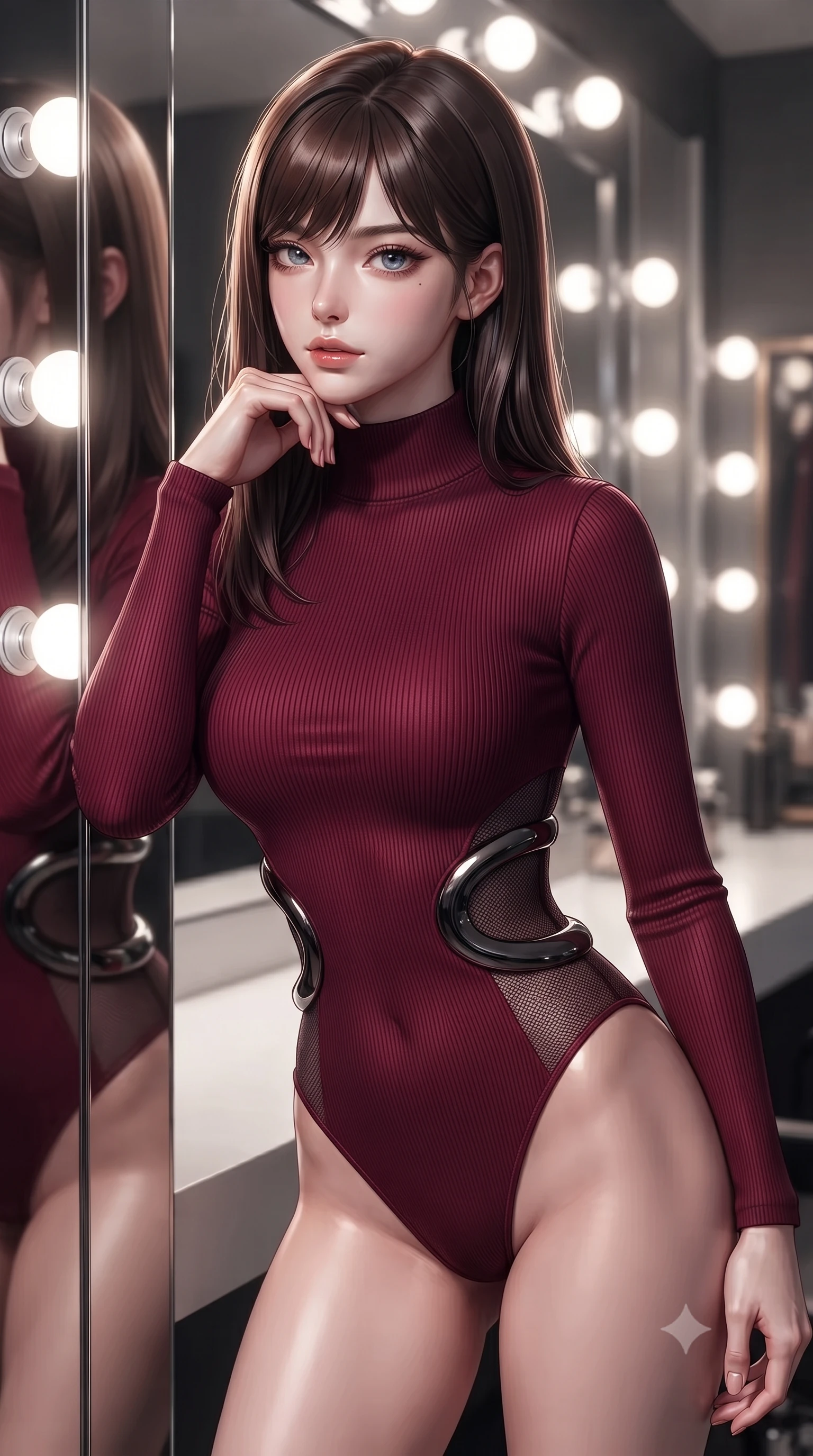 score_9, masterpiece, best quality, ultra-detailed, high-budget anime keyframe, editorial fashion photography, tasteful artistic composition, Korean woman. close-up cowboy shot from the waist and thighs up, the character dominates the composition, filling the frame with her large presence, background elements kept in soft focus. Resting her chin on the backs of her fingers with an air of effortless superiority, resting against a mirrored pillar as daylight vanity bulbs illuminate her silhouette, sculpted jawline and glossy lips accentuated by multi-directional key lights. She has an exceptionally elegant, slender, and willowy female figure with an ultra-slim waist, a gracefully sculpted slender torso, and a refined silhouette. sharp v-shaped jawline, high-bridge nose, intricate jewel-like eyes with depth, thick eyelashes, glossy lips with a natural sheen. wearing sleek high-neck ribbed activewear bodysuit in matte black in deep crimson burgundy, made of fine dark contouring mesh, accented with sculpted obsidian chrome rings at the waist, highlighting her statuesque proportions and ultra-slim waistline. surrounded by a sparkling rim light aura with sharp edge glints. ultra-reflective glossy finish, specular highlights, metallic sheen, high-contrast stereoscopic depth, volumetric dynamic lighting, 2k, ultra detail, master piece, 9:16 ratio
