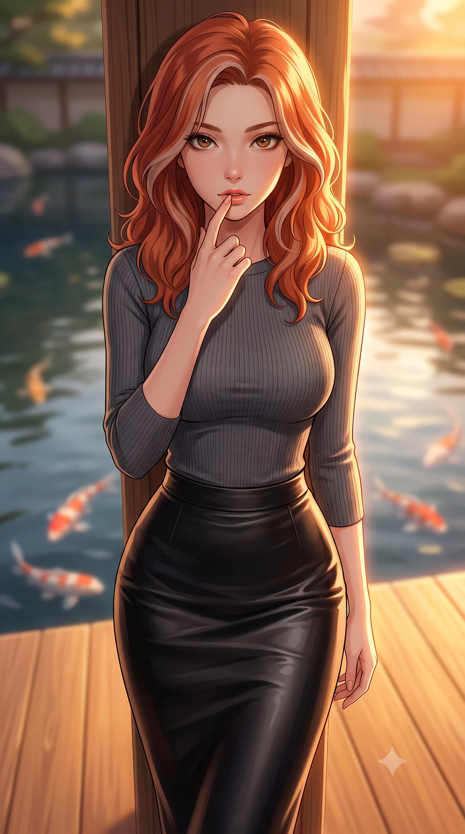 score_9, masterpiece, best quality, ultra-detailed, high-budget anime keyframe, tasteful artistic composition, Caucasian woman. close-up cowboy shot from the waist and thighs up, the character dominates the composition, filling the frame with her large presence, background elements kept in soft focus. pressing one finger to her bottom lip in a thoughtful, seductive gesture under the warm sun the background shows a soft-focus a traditional cypress wood veranda facing a calm Zen pond with koi fish. She has an exceptionally elegant, slender, and willowy female figure with an ultra-slim waist, a gracefully sculpted slender torso, and a refined silhouette. sharp v-shaped jawline, high-bridge nose, intricate jewel-like eyes with depth, thick eyelashes, glossy lips with a natural sheen. wearing a tailored body-hugging knit top in charcoal grey, paired with a tight-fitting leather midi skirt. warm golden hour sunset tracing her silhouette with a soft glowing rim light. highly saturated vibrant anime colors, cel-shading, 2d style, master piece, 9:16 ratio