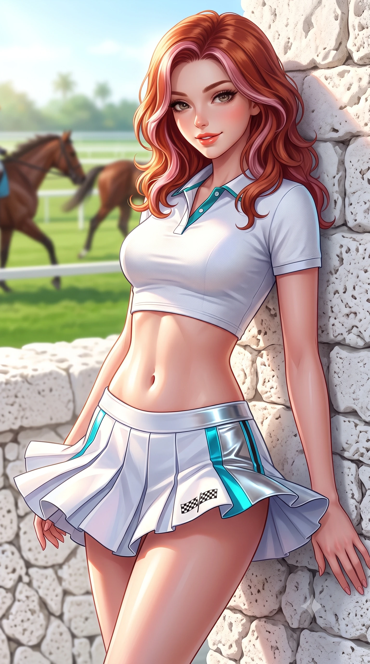 score_9, masterpiece, best quality, ultra-detailed, high-budget anime keyframe, semi-realistic 3D game render, editorial fashion photography, tasteful artistic composition, Caucasian woman. close-up cowboy shot from the waist and thighs up, the character dominates the composition, filling the frame with her large presence. leaning back against the pit wall with relaxed seductive grace, her flat midriff and narrow waist highlighted as sunlight traces her curves while twisting her slender torso in an alluring contrapposto stance, Florida ocean breezes fluttering her pleated tennis skirt around her curvy hips. The background shows a soft-focus thoroughbred horses trotting along green exercise tracks softened in aristocratic equestrian shallow focus. She has an exceptionally elegant, slender, and willowy female figure with an ultra-slim waist, flat toned midriff, narrow ribcage, and sculpted feminine hips creating an alluring, slim hourglass silhouette without bulk. sharp v-shaped jawline, high-bridge nose, sparkling eyes with athletic focus and depth, thick curled eyelashes, glossy parted lips with a natural coral-peach sheen, bright confident and coquettish smile with alluring bedroom-eyes, exuding both youthful sporty vigor and sovereign high-society glamour, flawlessly proportioned anatomical accuracy, strict slender model proportions, natural body alignment, perfectly sculpted long slender limbs, ultra-slim waistline, clean dynamic posture without body distortion. wearing a sleek piqué-knit tennis polo crop top with contrasting collar piping paired with low-rise white racing hot-pants in metallic liquid silver and electric cyan, tailored from ultra-soft fine cashmere yarn with an airy athletic drape, finished with contrasting racing stripe tape and subtle checkered flag embroidery, the form-fitting tailored bodice adhering flawlessly to her sculpted flat midriff and slender torso, emphasizing her long leg lines and perfectly proportioned willowy build. bathed in luminous Florida sunshine reflecting off white coral stone terraces. highly saturated vibrant anime colors, detailed shading with soft gradients, rich glossy textures, high-contrast stereoscopic depth, volumetric dynamic lighting, master piece, 9:16 ratio