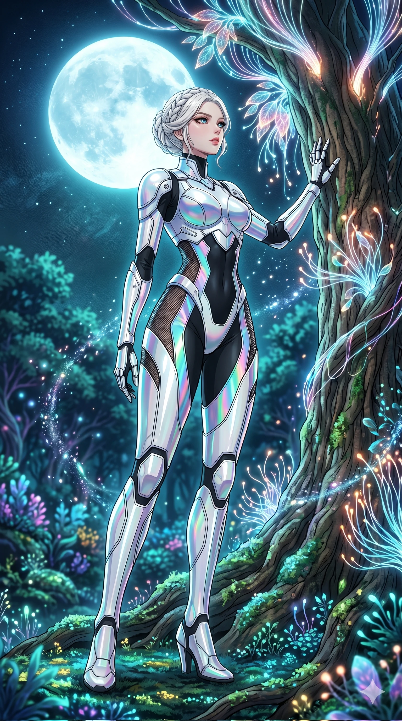 score_9, masterpiece, best quality, ultra-detailed, High-budget Anime Keyframe, vibrant colors, fluid line-art, expressive lighting, cinematic composition, Ufotable-style visual effects, top-tier animation quality, Korean woman with idol-like refined features. Low angle cowboy shot filling the entire 9:16 frame with her statuesque presence, looking up to emphasize her height. Communing with a ancient tree whose leaves are made of translucent fiber-optics. She has an absolutely perfect 8-heads proportion, an exceptionally tall and slender female figure with impossibly long slender legs and an ultra-slim waist, her statuesque height and towering silhouette dominating the vertical 9:16 frame. Her face is a masterpiece featuring a sharp v-shaped jawline, high-bridge nose, intricate jewel-like eyes with depth, thick eyelashes, and glossy lips with a natural sheen. She is wearing a White chrome-plated armor plating over a black plugsuit, featuring holographic fabric that shifts colors based on light and peek-a-boo mesh.. The scene is set in a mystical grove under a giant glowing moon that illuminates the fiber-optic flora. 2k, ultra detail, master piece, 9:16 ratio