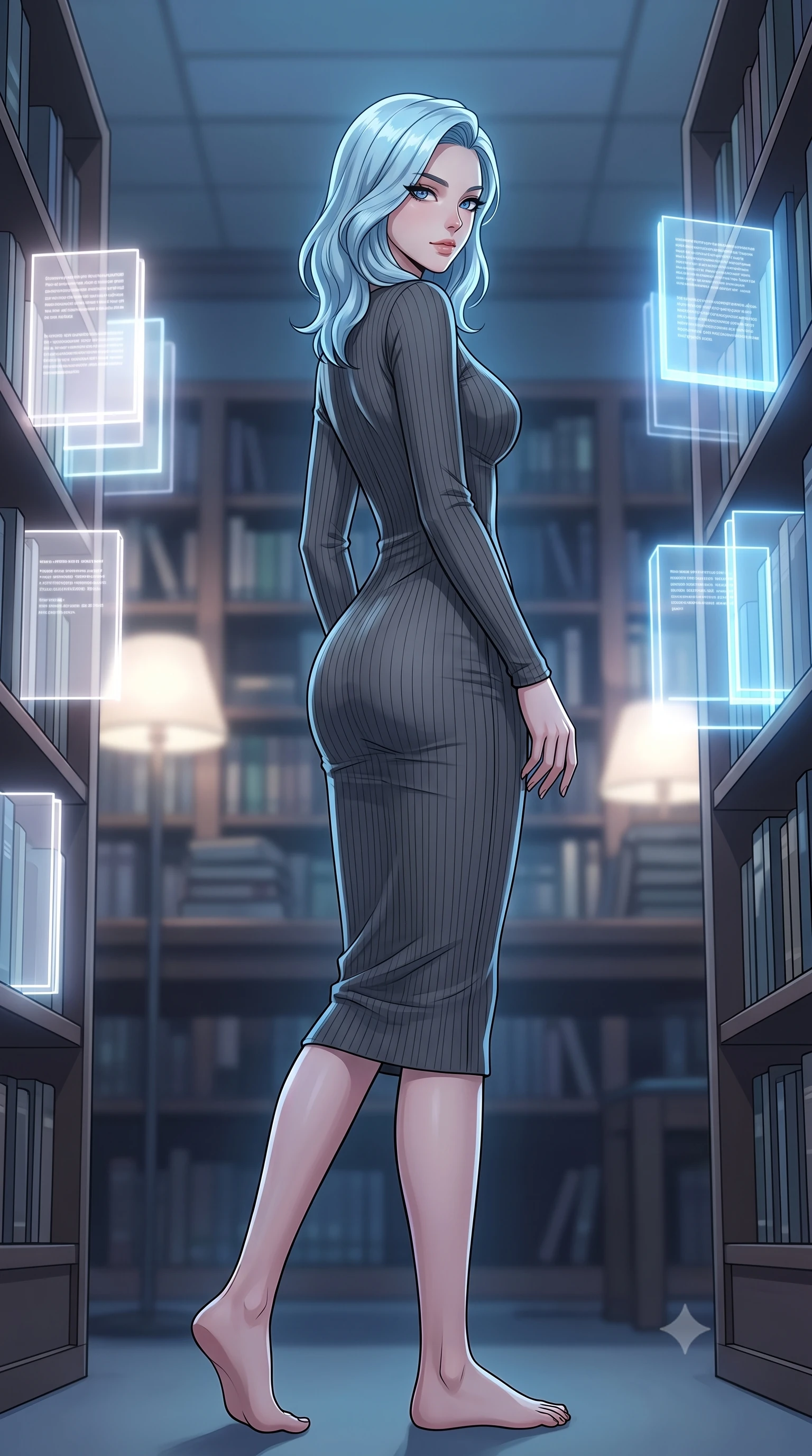 score_9, masterpiece, best quality, ultra-detailed, high-budget anime keyframe, tasteful artistic composition, Korean woman. low angle full-body shot from head to toe showing her feet, filling the entire 9:16 vertical frame with her statuesque presence, stretching her vertical silhouette. stepping gracefully while looking back over her shoulder, her dress draped tightly to reveal her silhouette the background shows a soft-focus a quiet library archives room with digital books emitting soft holograms. She has an absolutely perfect, statuesque 8.5-heads proportion, an exceptionally tall and slender model-like female figure with impossibly long slender legs and an ultra-slim waist. sharp v-shaped jawline, high-bridge nose, intricate jewel-like eyes with depth, thick eyelashes, glossy lips with a natural sheen. wearing a slim-fit form-contouring ribbed bodycon midi dress in charcoal grey with long sleeves. soft white and blue glow casting an intelligent, mysterious ambiance. highly saturated vibrant anime colors, cel-shading, 2d style, master piece, 9:16 ratio