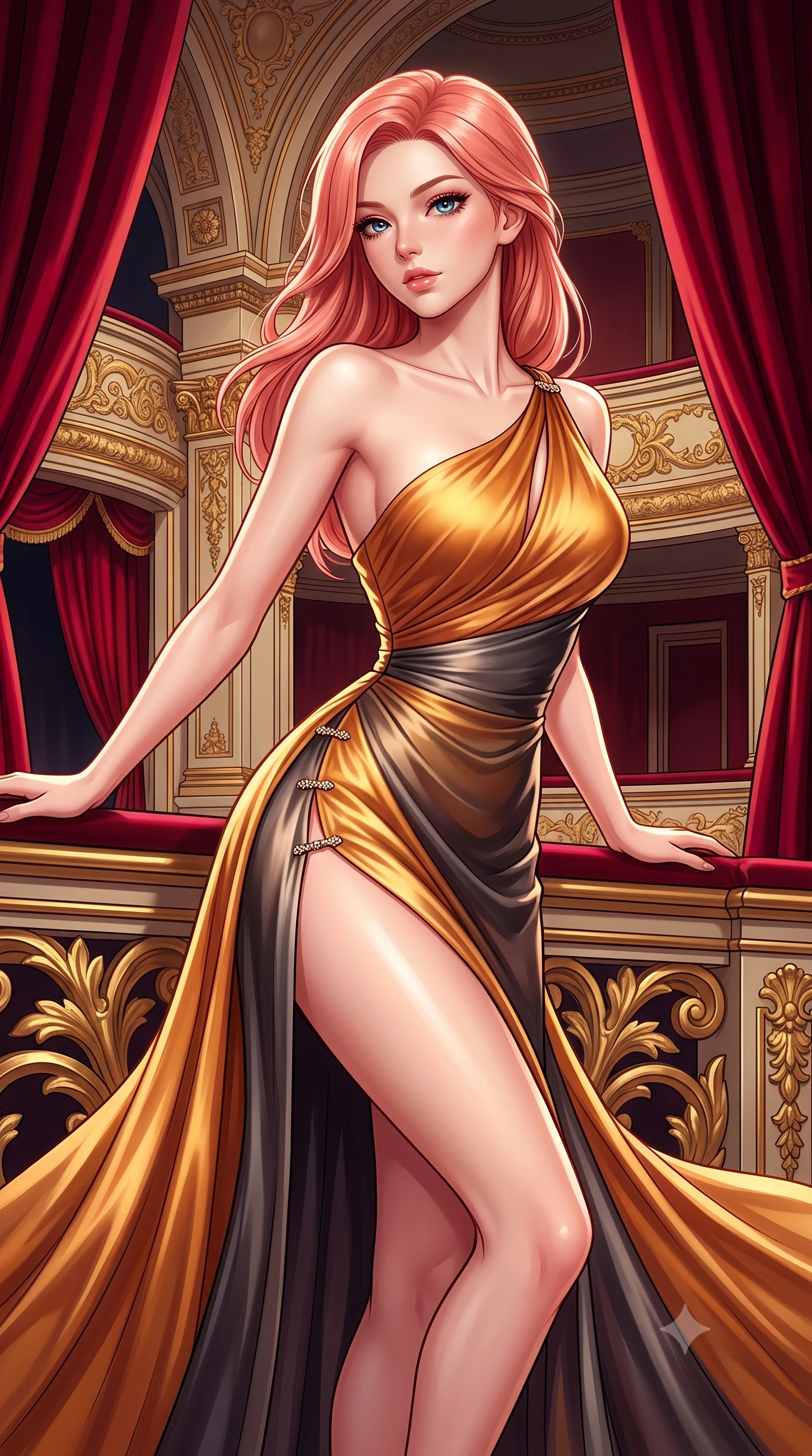 score_9, masterpiece, best quality, ultra-detailed, high-budget anime keyframe, semi-realistic 3D game render, editorial fashion photography, tasteful artistic composition, Japanese woman. close-up cowboy shot from the waist and thighs up, the character dominates the composition, filling the frame with her large presence. leaning forward with playful, captivating grace, her sculpted collarbones and slender neckline highlighted by directional light while pivoting gracefully against ornate gold-leaf balustrades as plush crimson velvet curtains frame her statuesque silhouette. The surrounding environment is rendered in vivid detail and crisp panoramic clarity. high-contrast royal chiaroscuro and breathtaking neoclassical theater architecture rendered in precision. She has an exceptionally elegant, slender, and willowy female figure with an ultra-slim waist, a gracefully sculpted slender torso, toned flat midriff, and a refined slim silhouette. sharp v-shaped jawline, high-bridge nose, intricate jewel-like eyes with depth, thick eyelashes, glossy lips with a natural sheen, captivating and magnetic expression, flawlessly proportioned anatomical accuracy, strict slender model proportions, natural body alignment, perfectly sculpted long slender limbs, ultra-slim waistline, clean dynamic posture without body distortion. wearing an asymmetric one-shoulder silk chiffon red-carpet gown with a sweeping flowing train in molten amber-gold and dark gunmetal, tailored from ultra-smooth duchess satin with a pearlescent sheen, finished with an ultra-high side slit secured by miniature jeweled clasps, the sleek tailored cut tightly hugging her graceful clavicle, narrow waist, and feminine curves with statuesque precision. illuminated by crisp directional key light defining her razor-sharp jawline and ultra-slim waist. highly saturated vibrant anime colors, detailed shading with soft gradients, rich glossy textures, high-contrast stereoscopic depth, volumetric dynamic lighting, master piece, 9:16 ratio