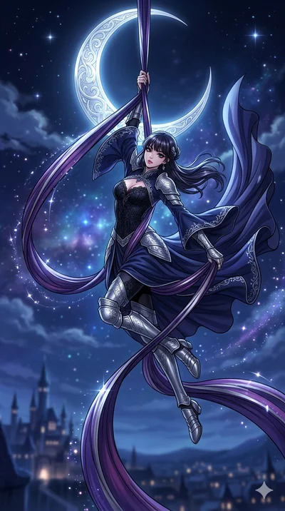 score_9, masterpiece, best quality, ultra-detailed, high-budget anime movie keyframe, cinematic anime lighting, intricate line art, Korean anime girl. Mid-air action shot capturing a graceful twist and vertical silhouette. performing an aerial silks 