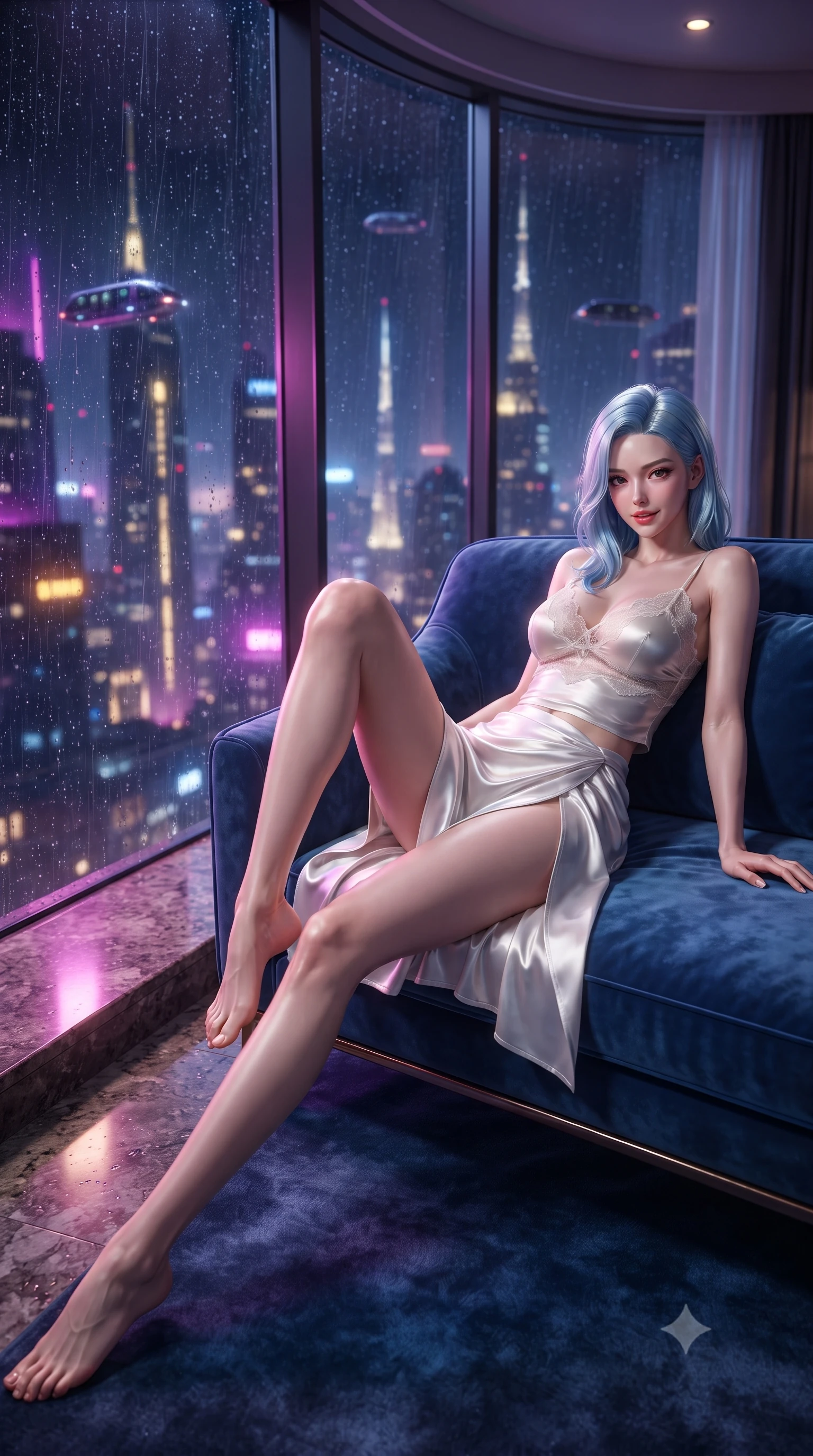 score_9, masterpiece, best quality, ultra-detailed, high-budget anime keyframe, editorial fashion photography, tasteful artistic composition, Korean woman. low angle full-body shot from head to toe showing her feet, filling the entire 9:16 vertical frame with her statuesque presence, stretching her vertical silhouette. reclining gracefully across the plush chaise lounge with one leg extended, her sculpted silhouette and flat midriff radiating magnetic nocturnal glamour while standing poised against the colossal curving glass facade streaming with heavy night rain, arching her spine with predatory femme fatale grace. The background shows a soft-focus heavy cascading rain rivulets on glass, glowing vertical megacity spires, and flying commuter shuttles blurred into violet, gold, and sapphire bokeh. She has an absolutely perfect, statuesque 8.5-heads proportion, an exceptionally tall and slender model-like female figure with impossibly long slender legs, an ultra-slim waist, a flat toned midriff, narrow delicate ribcage, and beautifully sculpted feminine hips creating a graceful, slim hourglass silhouette without any bulky heaviness. sharp v-shaped jawline, high-bridge nose, sparkling eyes with hypnotic seductive depth, thick curled eyelashes, glossy parted lips with a natural dewy peach sheen, alluring bedroom-eyes with an enchanting coquettish smile, exuding magnetic siren charisma and sophisticated glamour, flawlessly proportioned anatomical accuracy, strict slender model proportions, natural body alignment, perfectly sculpted long slender limbs, ultra-slim waistline, clean dynamic posture without body distortion. wearing a delicate lace-trimmed silk camisole paired with a draped satin wrap sarong mini skirt with high side slit in pure pearl alabaster with platinum sheen, tailored from fine structural neoprene with crisp architectural edges and smooth contouring, finished with glistening drops of pool water beading across her sculpted shoulders and collarbones, the glove-like clinging cut tightly following the natural contour of her hips and long slender legs with youthful 8.5-heads elegance. illuminated by granite sill reflection bounce and sharp electric-magenta rim lights sculpting her jawline, flat midriff, and voluptuous hip curves. ultra-reflective glossy finish, specular highlights, rich textural contrasts, high-contrast stereoscopic depth, volumetric dynamic lighting, 2k, ultra detail, master piece, 9:16 ratio