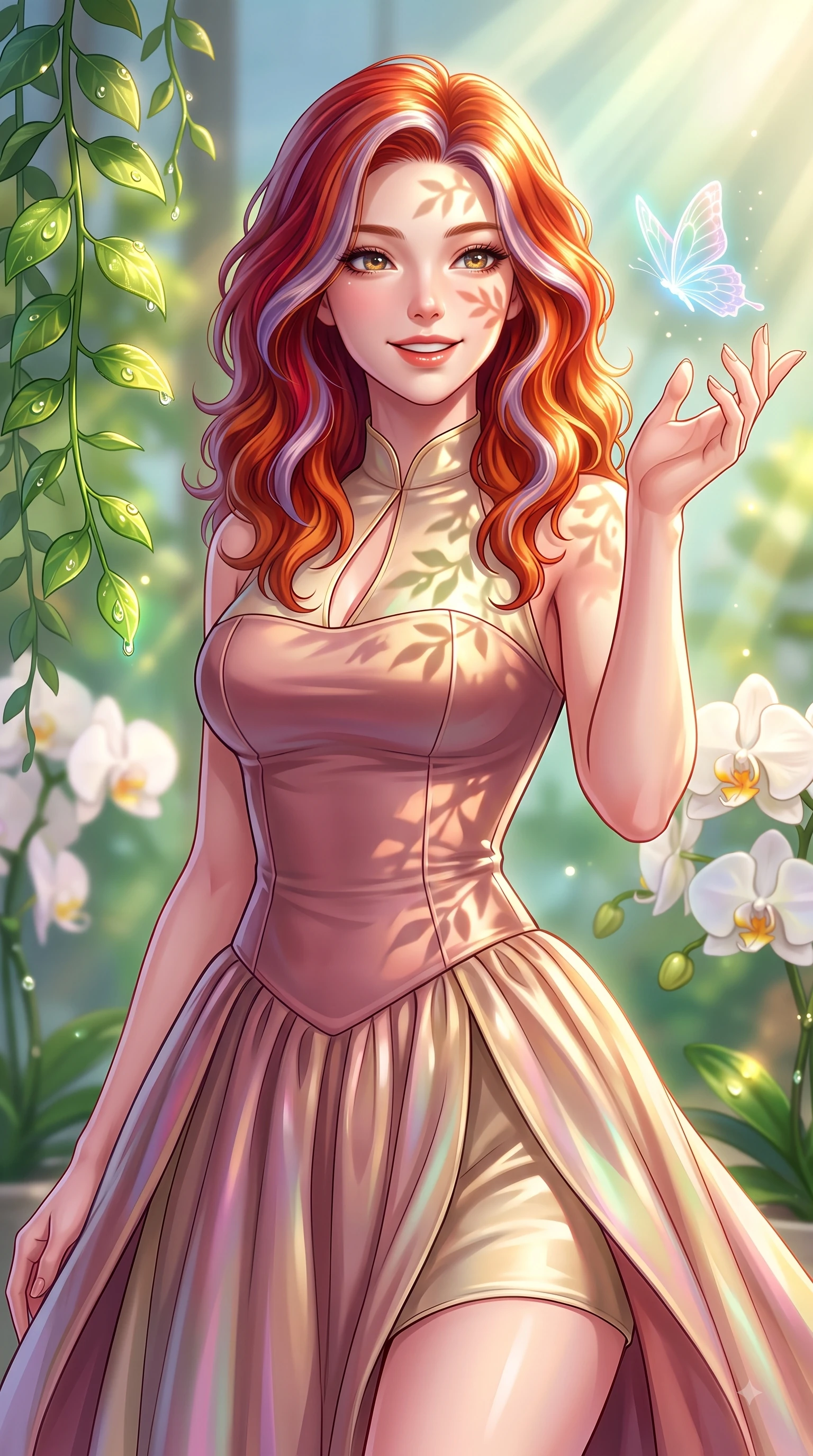 score_9, masterpiece, best quality, ultra-detailed, high-budget anime keyframe, editorial fashion photography, tasteful artistic composition, Caucasian woman. close-up cowboy shot from the waist and thighs up, the character dominates the composition, filling the frame with her large presence, background elements kept in soft focus. Enchanting happy smile, her eyes twinkling like jewels in the bright sunlight as one arm reaches out playfully while reaching one hand out with a joyful smile to intercept a hovering hologram butterfly, dewdrops on lush green vines and white orchids reflecting radiant gold and emerald. She has an exceptionally elegant, slender, and willowy female figure with an ultra-slim waist, a gracefully sculpted slender torso, and a refined silhouette. sharp v-shaped jawline, high-bridge nose, intricate jewel-like eyes with depth, thick eyelashes, glossy lips with a natural sheen, flawlessly proportioned anatomical accuracy, natural body alignment, perfectly sculpted elegant limbs, clean dynamic posture without body distortion. wearing a modern fusion silk hanbok dress with a structured bodice and flowing skirt in dusty rose and champagne gold, crafted from iridescent chiffon that shifts colors in the light, accented with a Tasteful chest slit framing her clavicle gracefully, the sleek second-skin texture accentuating her magnetic presence. illuminated by brilliant sunbeams casting cheerful organic leaf stencil shadows. highly saturated vibrant anime colors, detailed shading with soft gradients, rich glossy textures, high-contrast stereoscopic depth, volumetric dynamic lighting, master piece, 9:16 ratio