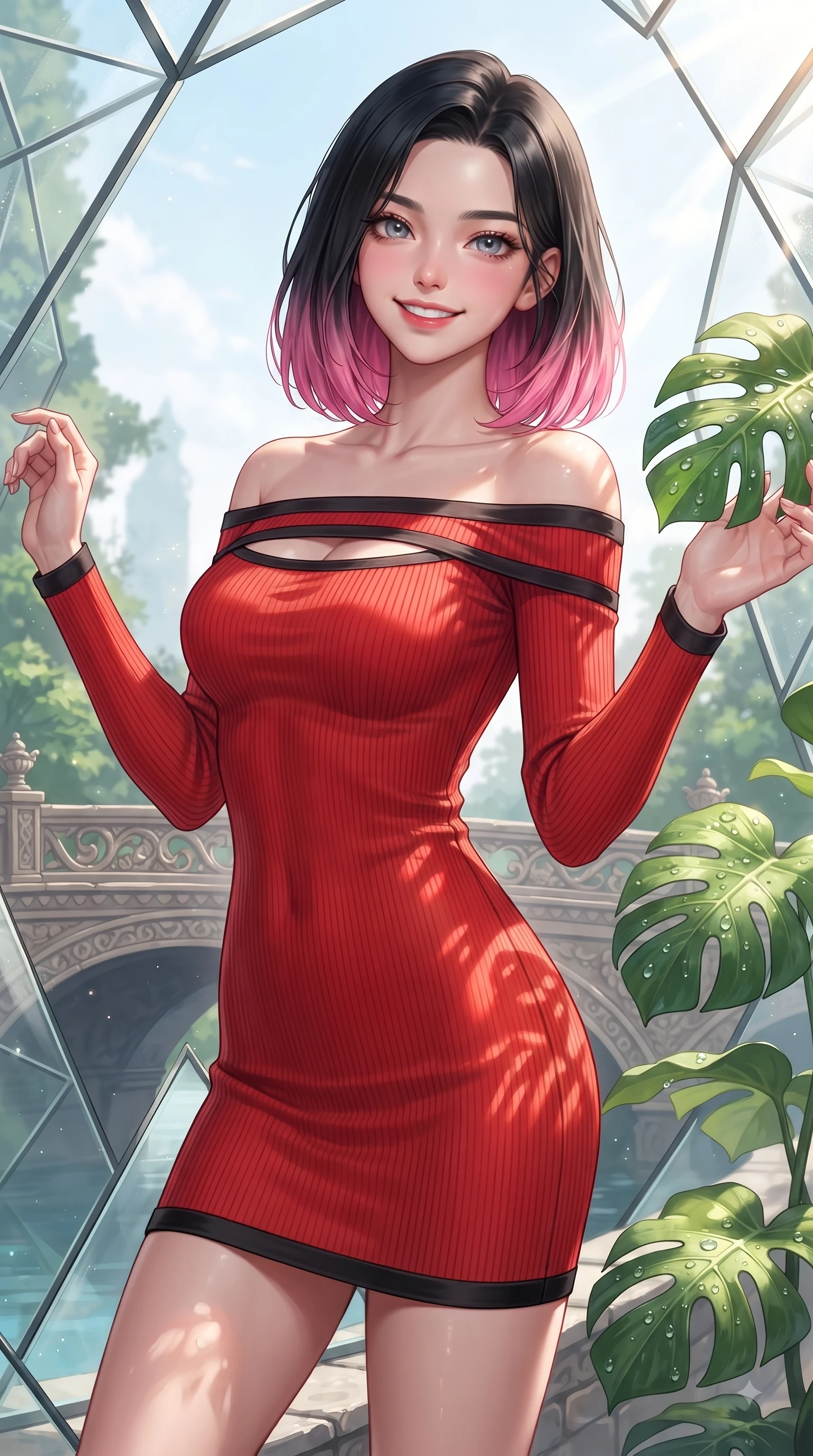 score_9, masterpiece, best quality, ultra-detailed, high-budget anime keyframe, editorial fashion photography, tasteful artistic composition, Korean woman. close-up cowboy shot from the waist and thighs up, the character dominates the composition, filling the frame with her large presence. Extending one arm in an elegant stretch toward the light while smiling with vibrant, youthful self-assurance while reaching one arm out cheerfully to touch a sun-lit green leaf with a delightful smile. The surrounding environment is rendered in vivid detail and crisp panoramic clarity. dewdrops on Monstera leaves, stone bridge details, and clear glass geometric panels in crisp resolution. She has an exceptionally elegant, slender, and willowy female figure with an ultra-slim waist, a gracefully sculpted slender torso, and a refined silhouette. sharp v-shaped jawline, high-bridge nose, intricate jewel-like eyes with depth, thick eyelashes, glossy lips with a natural sheen, flawlessly proportioned anatomical accuracy, natural body alignment, perfectly sculpted elegant limbs, clean dynamic posture without body distortion. wearing a sleek off-shoulder ribbed knit dress accentuating her graceful collarbones and slender waist in vibrant scarlet red and sleek black trim, crafted from smooth liquid silk satin, accented with a Tasteful chest slit framing her clavicle gracefully, the sleek second-skin texture accentuating her magnetic presence. illuminated by fresh botanical sunbeams casting delicate leaf patterns. ultra-reflective glossy finish, specular highlights, metallic sheen, high-contrast stereoscopic depth, volumetric dynamic lighting, 2k, ultra detail, master piece, 9:16 ratio