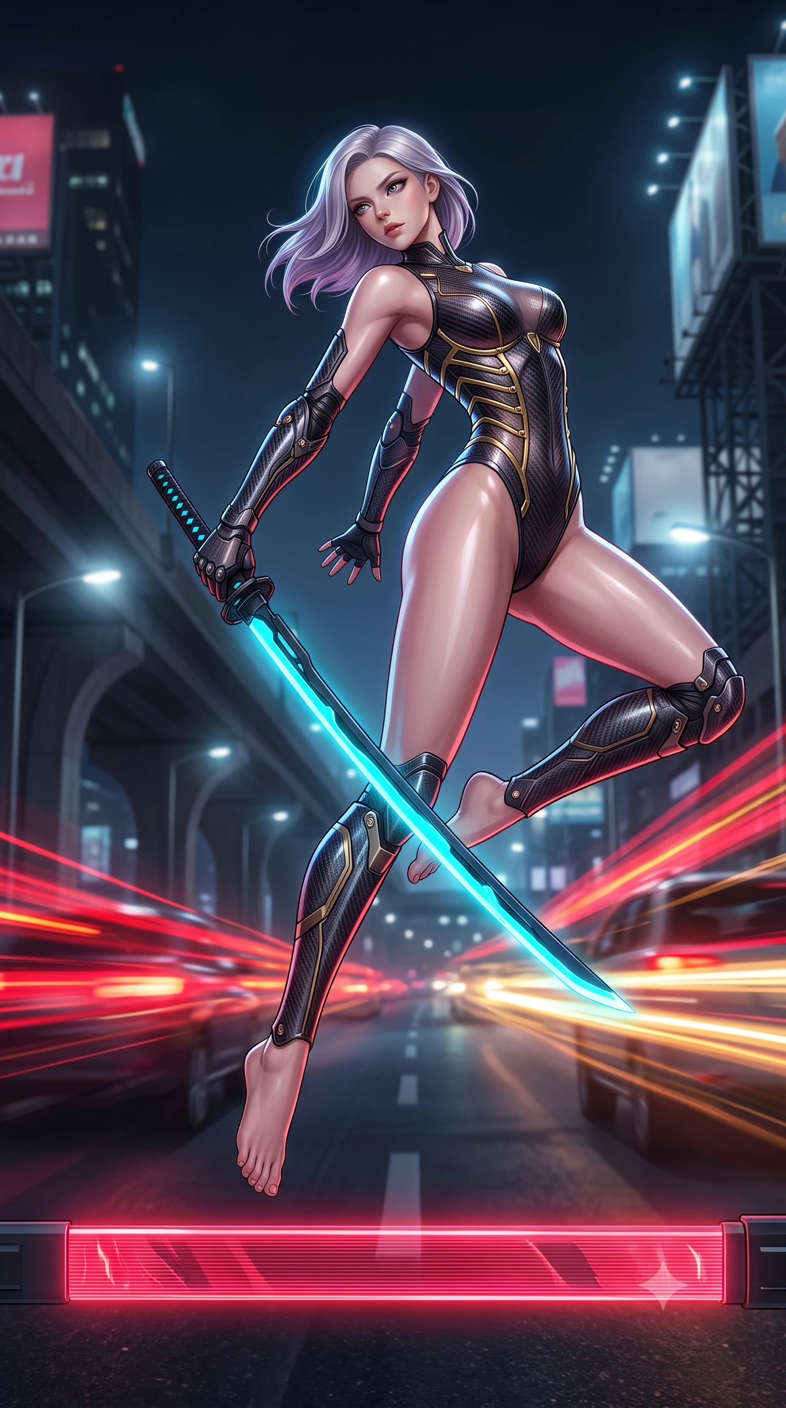 score_9, masterpiece, best quality, ultra-detailed, high-budget anime keyframe, semi-realistic 3D game render, editorial fashion photography, tasteful artistic composition, Caucasian woman. low angle full-body shot from head to toe showing her feet, filling the entire 9:16 vertical frame with her statuesque presence, stretching her vertical silhouette. arching her spine in a fluid zero-gravity combat turn with sovereign grace, her long slender legs and sculpted torso creating a sweeping line of power while arching her spine in a fluid vault over a holographic toll barrier as crimson blade light traces her athletic torso. The composition keeps background elements in soft focus with creamy bokeh. expressway overpass arches and towering billboard scaffoldings softened in moody shallow depth of field. She has an absolutely perfect, statuesque 8.5-heads proportion, an exceptionally tall and slender model-like female figure with impossibly long slender legs, a toned flat midriff, and an ultra-slim waist. sharp v-shaped jawline, high-bridge nose, intricate jewel-like eyes with depth, thick eyelashes, glossy lips with a natural sheen, flawlessly proportioned anatomical accuracy, strict slender model proportions, natural body alignment, perfectly sculpted long slender limbs, ultra-slim waistline, clean dynamic posture without body distortion. wearing a precision-tailored high-fashion carbon-fiber corset bodysuit with gold mechanical rib boning, wielding a glowing energy katana with royal elegance in matte obsidian carbon black with electric cyan conduits, crafted from semi-translucent cybernetic carbon-vinyl interwoven with glowing micro-filaments, finished with high-mobility articulation joints and miniature magnetic armor locks, the form-contouring material adhering flawlessly to her sculpted flat midriff and slender torso, emphasizing her long leg lines and perfectly proportioned willowy build. bathed in blazing neon crimson and golden traffic trail backlighting with crisp streetlamp fill. rich saturated anime colors with glowing neon highlights, detailed shading with soft gradients, rich glossy textures, high-contrast stereoscopic depth, volumetric dynamic lighting, master piece, 9:16 ratio