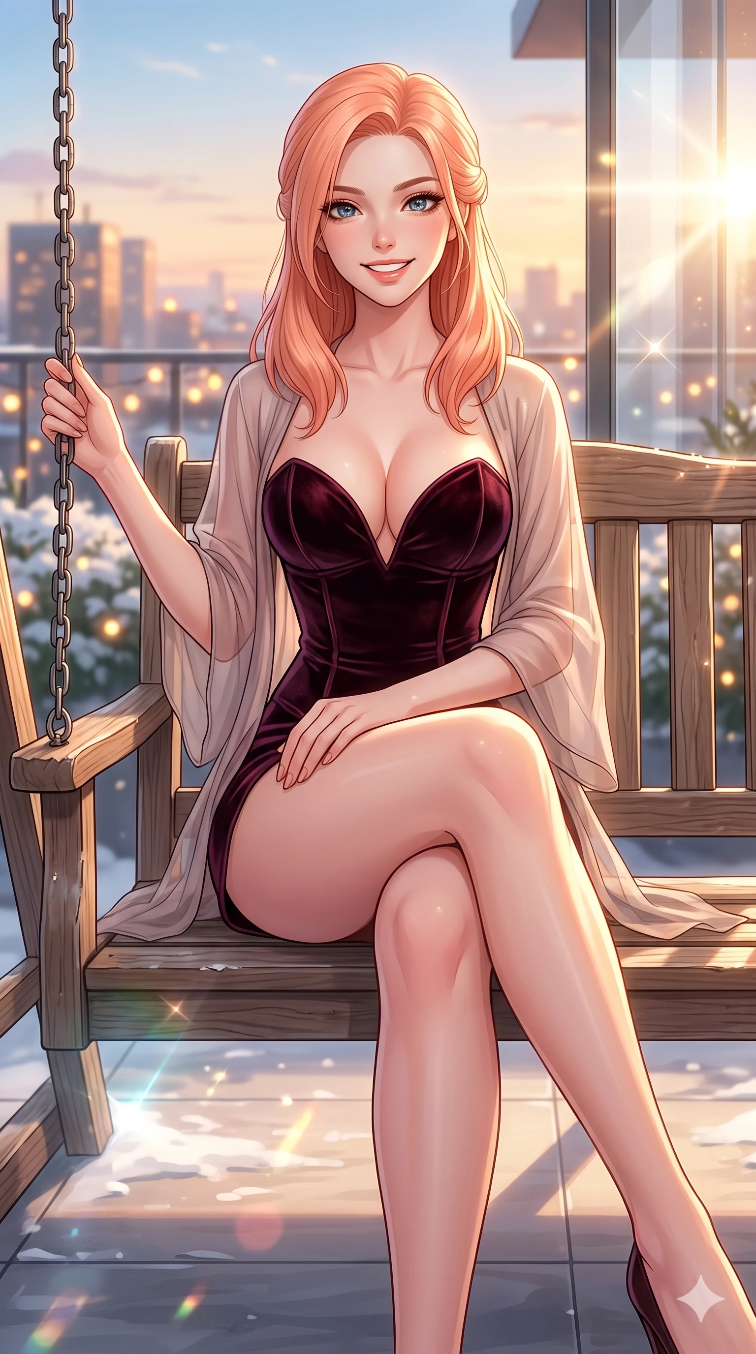 score_9, masterpiece, best quality, ultra-detailed, high-budget anime keyframe, vibrant anime aesthetic, Japanese woman. cowboy shot from the thighs up, character and outfit filling the frame for maximum presence. She is sitting on a garden swing, smiling brightly with a cheerful and warm winter gaze on a luxury hotel rooftop terrace at winter golden hour (Code-P21-124). She has an absolutely perfect 8-heads proportion, an exceptionally tall and slender female figure with impossibly long slender legs and an ultra-slim waist. V-shaped jawline, high-bridge nose, intricate jewel-like eyes with depth, thick eyelashes, glossy lips with a natural sheen. wearing a dark velvet corset with a deep sweetheart neckline revealing her cleavage and a sheer wrap in the cabin. She is illuminated by direct, sparkling winter sunbeams reflecting off the clean window glass. 2k, ultra detail, master piece, 9:16 ratio