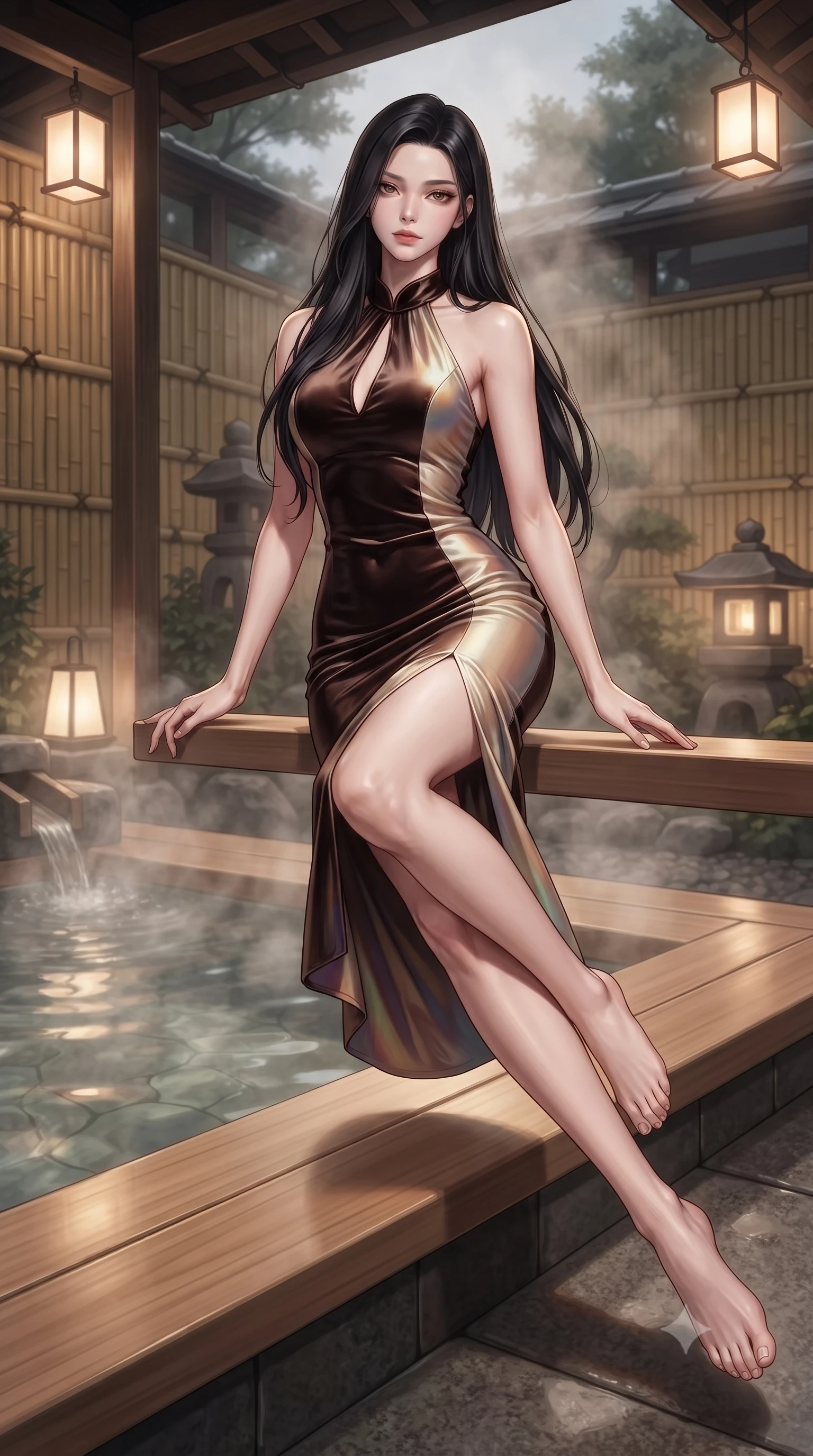 score_9, masterpiece, best quality, ultra-detailed, high-budget anime keyframe, editorial fashion photography, tasteful artistic composition, Korean woman. low angle full-body shot from head to toe showing her feet, filling the entire 9:16 vertical frame with her statuesque presence, stretching her vertical silhouette. leaping gracefully through the environment with statuesque elegance and long slender legs sitting gracefully on a smooth hinoki wood platform beside a steaming outdoor thermal bath, bamboo partitions and stone lanterns casting peaceful organic shadows. She has an absolutely perfect, statuesque 8.5-heads proportion, an exceptionally tall and slender model-like female figure with impossibly long slender legs and an ultra-slim waist. sharp v-shaped jawline, high-bridge nose, intricate jewel-like eyes with depth, thick eyelashes, glossy lips with a natural sheen. wearing a velvet halter-neck midi dress following her form like a glove in espresso brown and warm cream, crafted from iridescent chiffon that shifts colors in the light, accented with a Tasteful chest slit framing her clavicle gracefully, the tailored fabric tightly following every curve of her athletic build. bathed in soft warm lantern light filtered through gentle thermal steam. ultra-reflective glossy finish, specular highlights, metallic sheen, high-contrast stereoscopic depth, volumetric dynamic lighting, 2k, ultra detail, master piece, 9:16 ratio