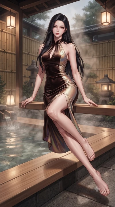 score_9, masterpiece, best quality, ultra-detailed, high-budget anime keyframe, editorial fashion photography, tasteful artistic composition, Korean woman. low angle full-body shot from head to toe showing her feet, filling the entire 9:16 vertical f