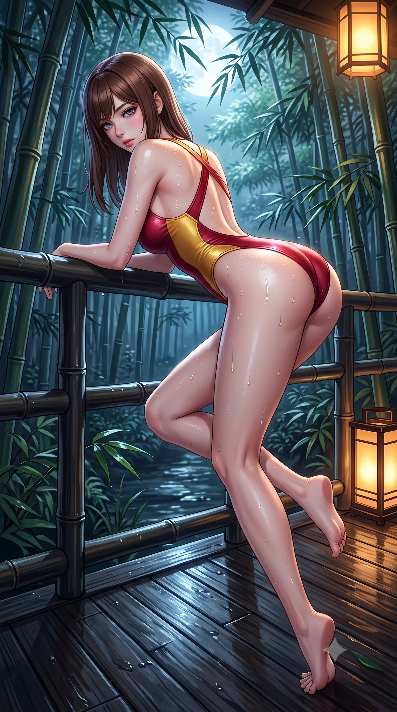 score_9, masterpiece, best quality, ultra-detailed, high-budget anime keyframe, semi-realistic 3D game render, editorial fashion photography, tasteful artistic composition, Korean woman. low angle full-body shot from head to toe showing her feet, filling the entire 9:16 vertical frame with her statuesque presence, stretching her vertical silhouette. reclining on her side in an elegant Cleopatra pose with one knee drawn up, the dramatic contour of her rounded hips and long slender legs commanding the 9:16 vertical frame while leaning forward over the dark bamboo veranda railing with lower back arched, looking over her bare shoulder into the moonlit bamboo grove. The surrounding environment is rendered in vivid detail and crisp panoramic clarity. sharp wet hinoki wood grain, distinct water droplet tracks on skin, and bamboo leaf venation in deep focus. She has an absolutely perfect, statuesque 8.5-heads proportion, an exceptionally tall and slender model-like female figure with impossibly long slender legs, a toned flat midriff, an ultra-slim waist, and beautifully sculpted feminine hips. sharp v-shaped jawline, high-bridge nose, intricate jewel-like eyes with depth, thick eyelashes, glossy parted lips with a natural sheen, intensely captivating and seductive bedroom-eyes expression, flawlessly proportioned anatomical accuracy, strict slender model proportions, natural body alignment, perfectly sculpted long slender limbs, ultra-slim waistline, clean dynamic posture without body distortion. wearing a second-skin thermal onsen monokini with high-cut hip openings and crossed back straps in imperial gold and deep crimson silk, made of flexible second-skin stretch neoprene with specular wet sheen, accented with water droplets glistening on her bare collarbones and hips, the liquid-tight tailored fabric clinging flawlessly to her narrow waist and rounded feminine hips, emphasizing every millimeter of her sculpted hourglass curves during movement. bathed in cool silver full-moon light streaming through the bamboo canopy and warm amber lantern downlights. highly saturated vibrant anime colors, detailed shading with soft gradients, rich glossy textures, high-contrast stereoscopic depth, volumetric dynamic lighting, master piece, 9:16 ratio