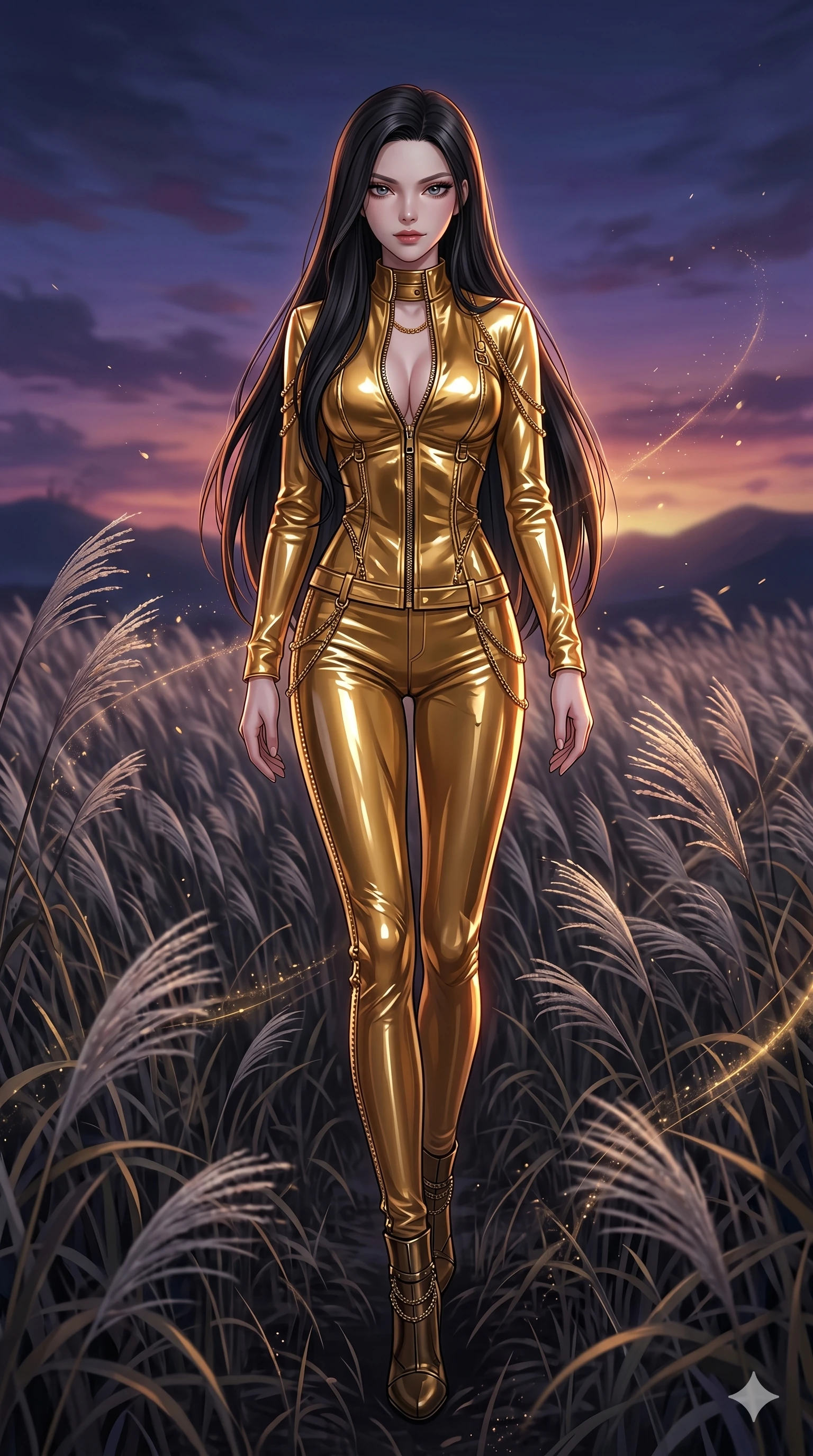 score_9, masterpiece, best quality, ultra-detailed, High-budget Anime Keyframe, East Asian woman. Dynamic full-body shot stretching the vertical silhouette to the limit. Scenario 38: Walking through a field of tall silver grass at twilight. Her presence is magnetic and overpowering in this high-budget anime scene. Outfit 38: A patent leather gold with a unzipped detail and fine gold chains. The clothing is designed to emphasize her exceptionally tall and slender 8-heads proportion. 8-heads proportion, towering silhouette, ultra-slim waist. sharp v-shaped jawline, intricate jewel-like eyes with depth, thick eyelashes, glossy lips. 2k, ultra detail, master piece, 9:16 ratio