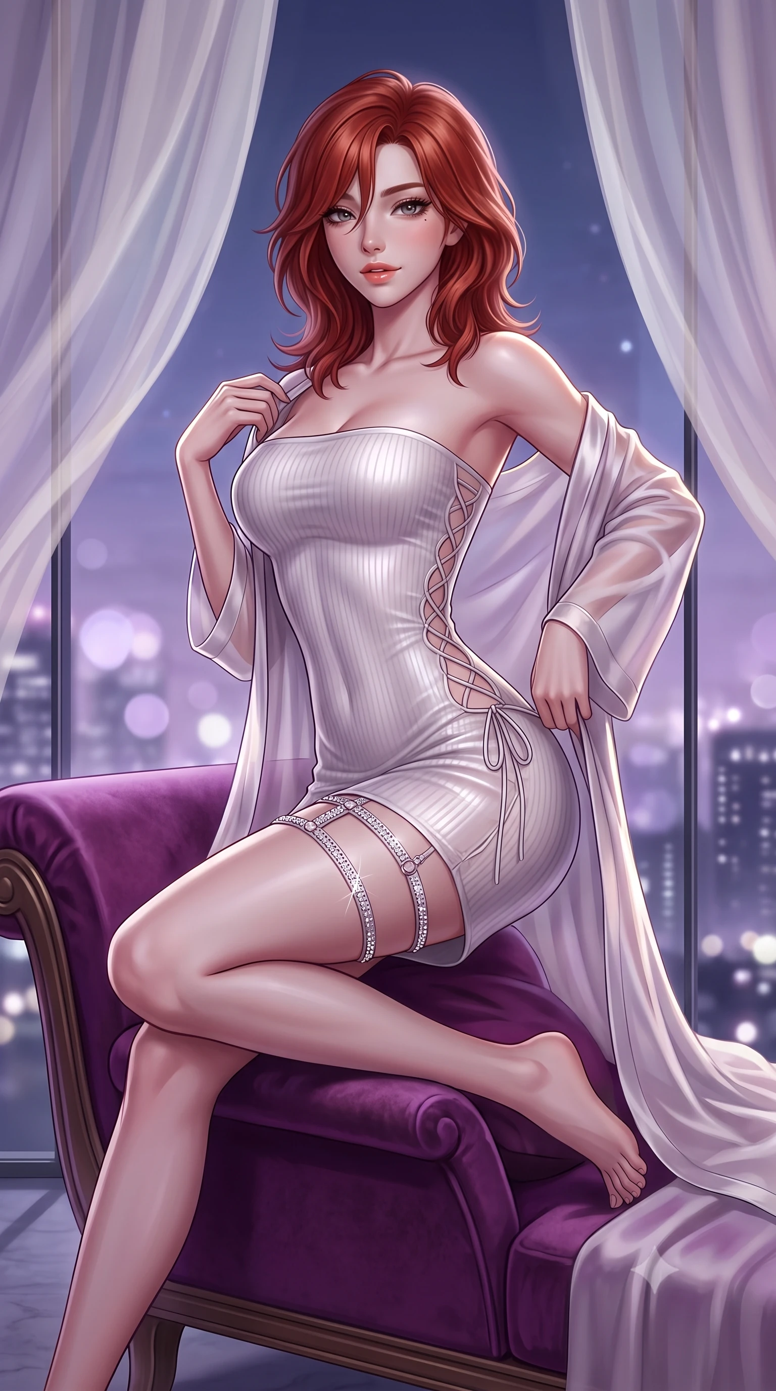 score_9, masterpiece, best quality, ultra-detailed, high-budget anime keyframe, semi-realistic 3D game render, editorial fashion photography, tasteful artistic composition, Korean woman. close-up cowboy shot from the waist and thighs up, the character dominates the composition, filling the frame with her large presence. perched sideways on the velvet lounge chair, one knee drawn up to showcase her slender leg line while her arched back accentuates her feminine hip curve while twisting her slender torso in an alluring S-curve while adjusting a sheer robe, night city lights pouring through floor-to-ceiling panoramic glass. The background shows a soft-focus floating sheer ivory silk canopy drapes and the endless starry midnight sky outside blurred into soft lavender, pearl, and silver bokeh. She has an exceptionally elegant, slender, and willowy female figure with an ultra-slim waist, flat toned midriff, narrow ribcage, and sculpted feminine hips creating an alluring, slim hourglass silhouette without bulk. sharp v-shaped jawline, high-bridge nose, sparkling eyes with hypnotic seductive depth, thick curled eyelashes, glossy parted lips with a natural dewy peach sheen, alluring bedroom-eyes with an enchanting coquettish smile, exuding magnetic siren charisma and sophisticated high-fashion glamour, flawlessly proportioned anatomical accuracy, strict slender model proportions, natural body alignment, perfectly sculpted long slender limbs, ultra-slim waistline, clean dynamic posture without body distortion. wearing a form-contouring ribbed knit tube dress with subtle side-lace ties tracing the curve of her hips in pure pearl alabaster with platinum sheen, made of semi-opaque stretch illusion mesh with soft shadowy contours, finished with delicate crystal-encrusted thigh garter straps glinting in the dim light, the form-contouring silhouette accentuating her sculpted flat midriff, narrow delicate ribcage, and gracefully curvy hips with intoxicating allure. illuminated by moonlight fill and sharp platinum-gold rim lights sculpting her delicate clavicles, narrow waist, and curvaceous hips. highly saturated vibrant anime colors, detailed shading with soft gradients, rich glossy textures, high-contrast stereoscopic depth, volumetric dynamic lighting, master piece, 9:16 ratio